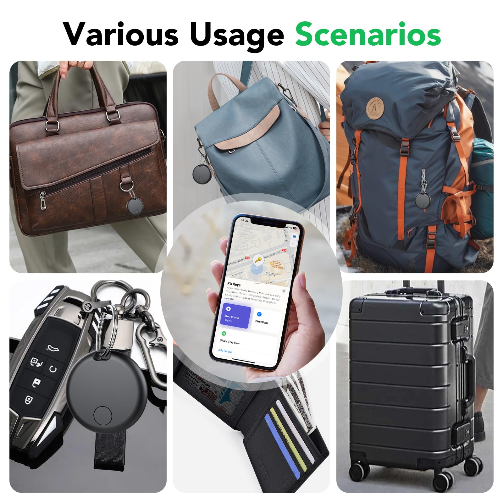 aowoka Air Tracker Tags 4-pack with smart Bluetooth item finders for keys, luggage, and satchels, compatible with Apple Find My app.