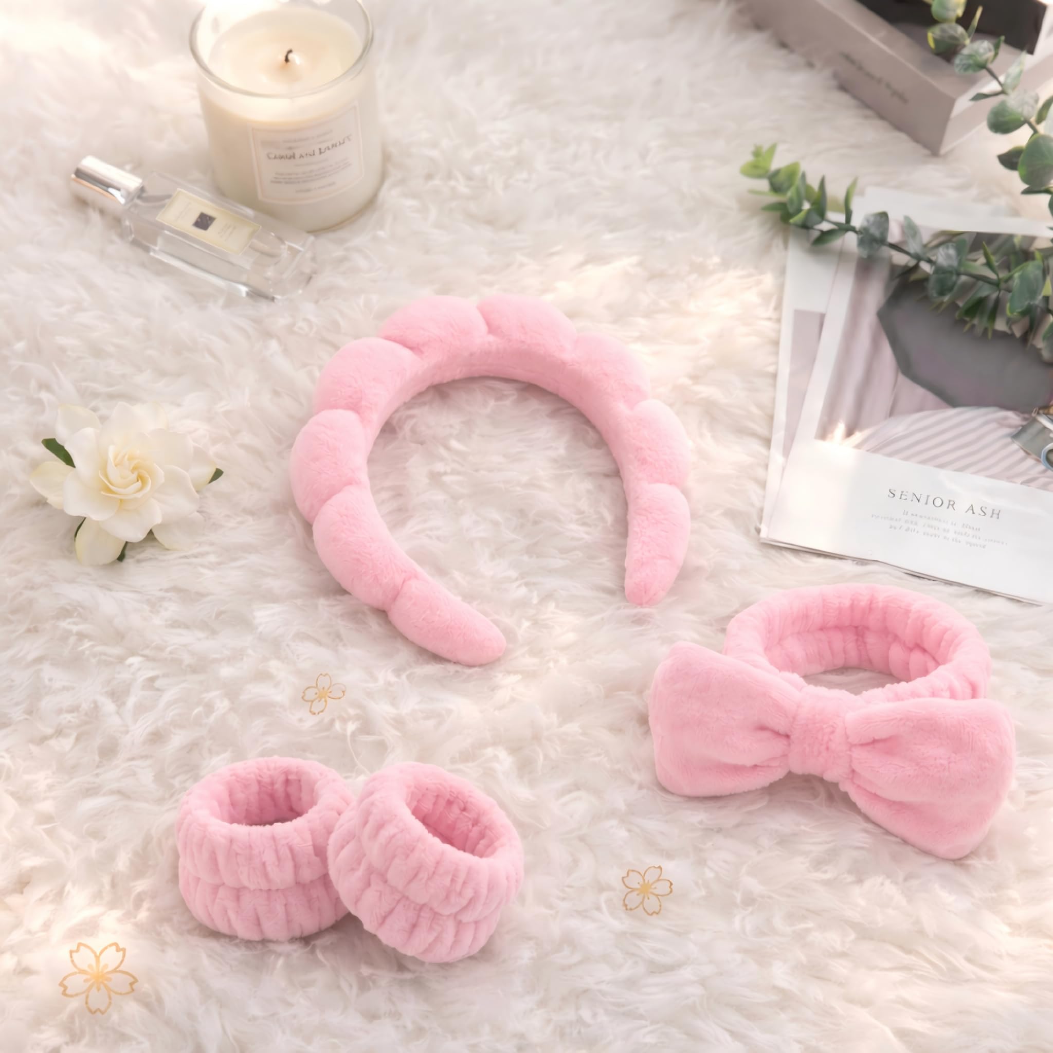 ATROCH Makeup Headband for Washing Face Wristband Set, Pink - View 8