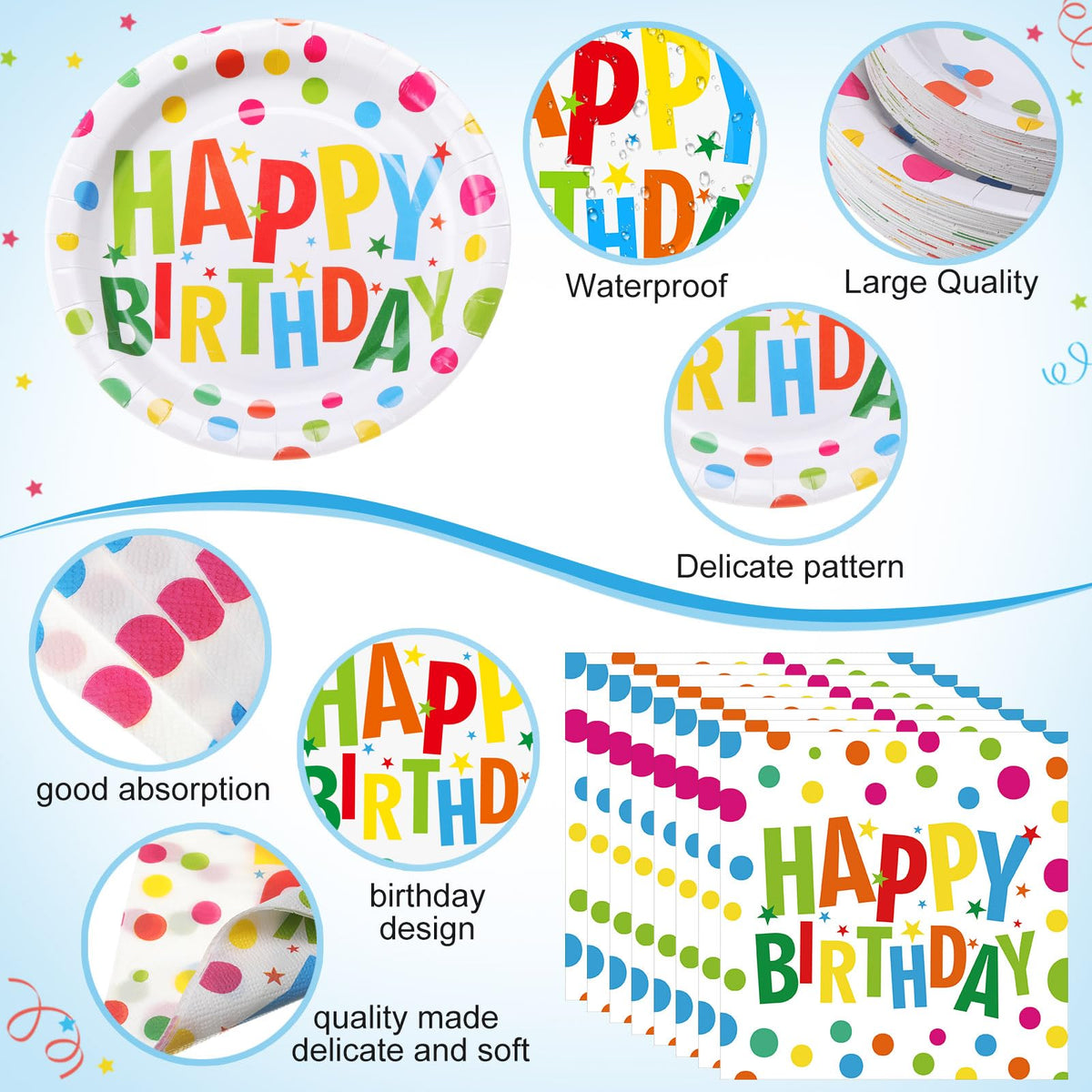 Pickmesh 400 Pcs Polka Dots Happy Birthday Plates and - Pickmesh Official Imagery - 3