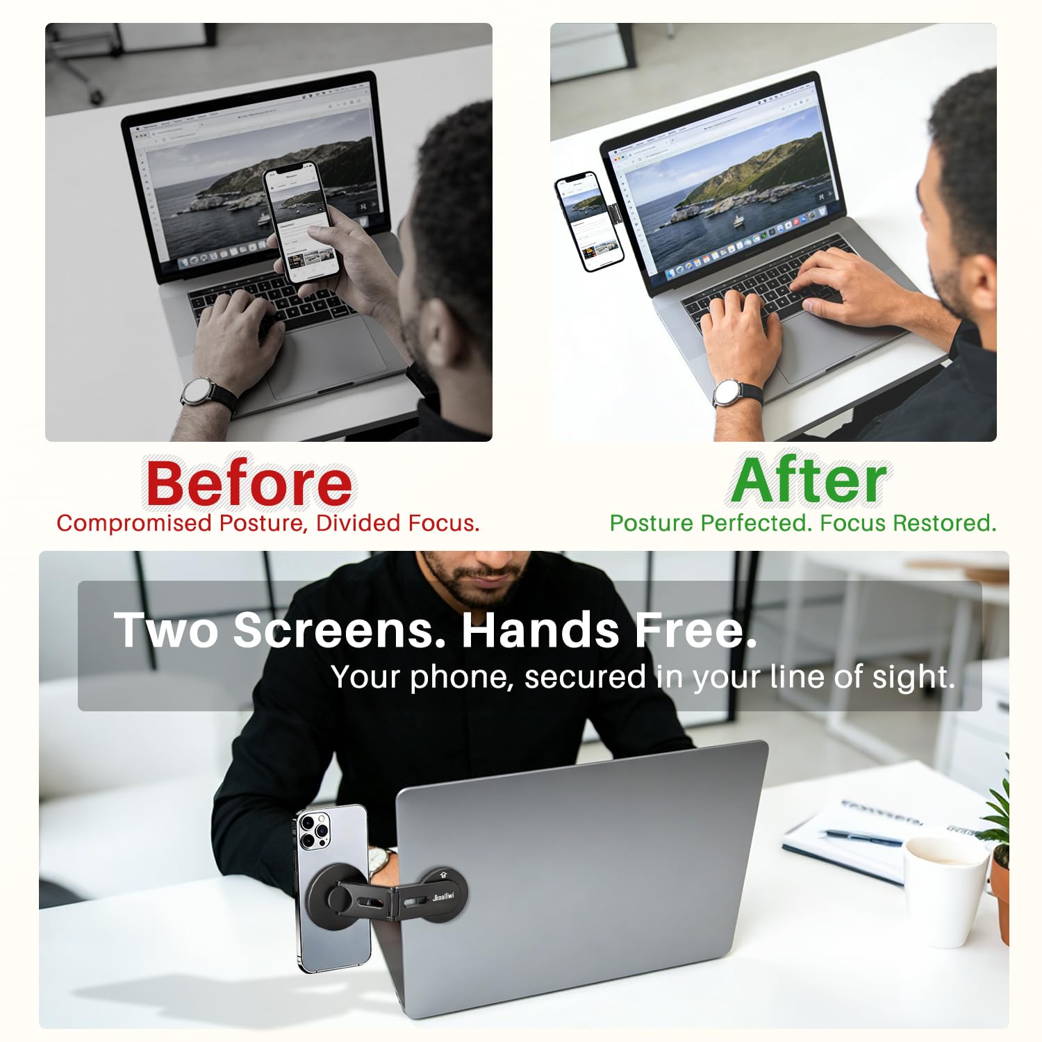 Jkoailiwi Magnetic Laptop Phone Holder Mount for Dual Screen, Invisible Foldable Design Continuity Camera Mount for Magsafe iPhone 12-17 Series, Aluminum Extended Side Mount Stand for MacBook, Tesla