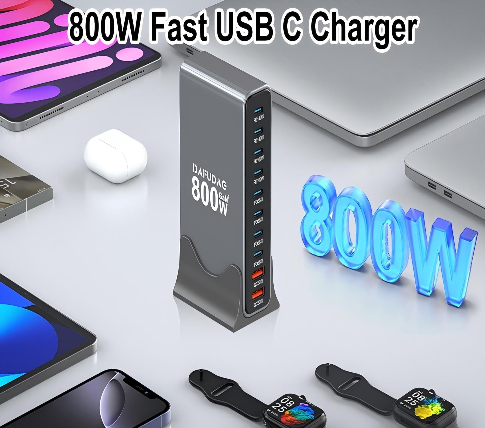 800W USB C Charger, 140W GaN Charger, 10-Port 100W/65W Fast Charging Station Compatible with MacBook Pro 16, HP, ASUS Laptops, iPad, iPhone 16 Pro Max/15, Samsung Galaxy S24/S23, Steam Deck and More