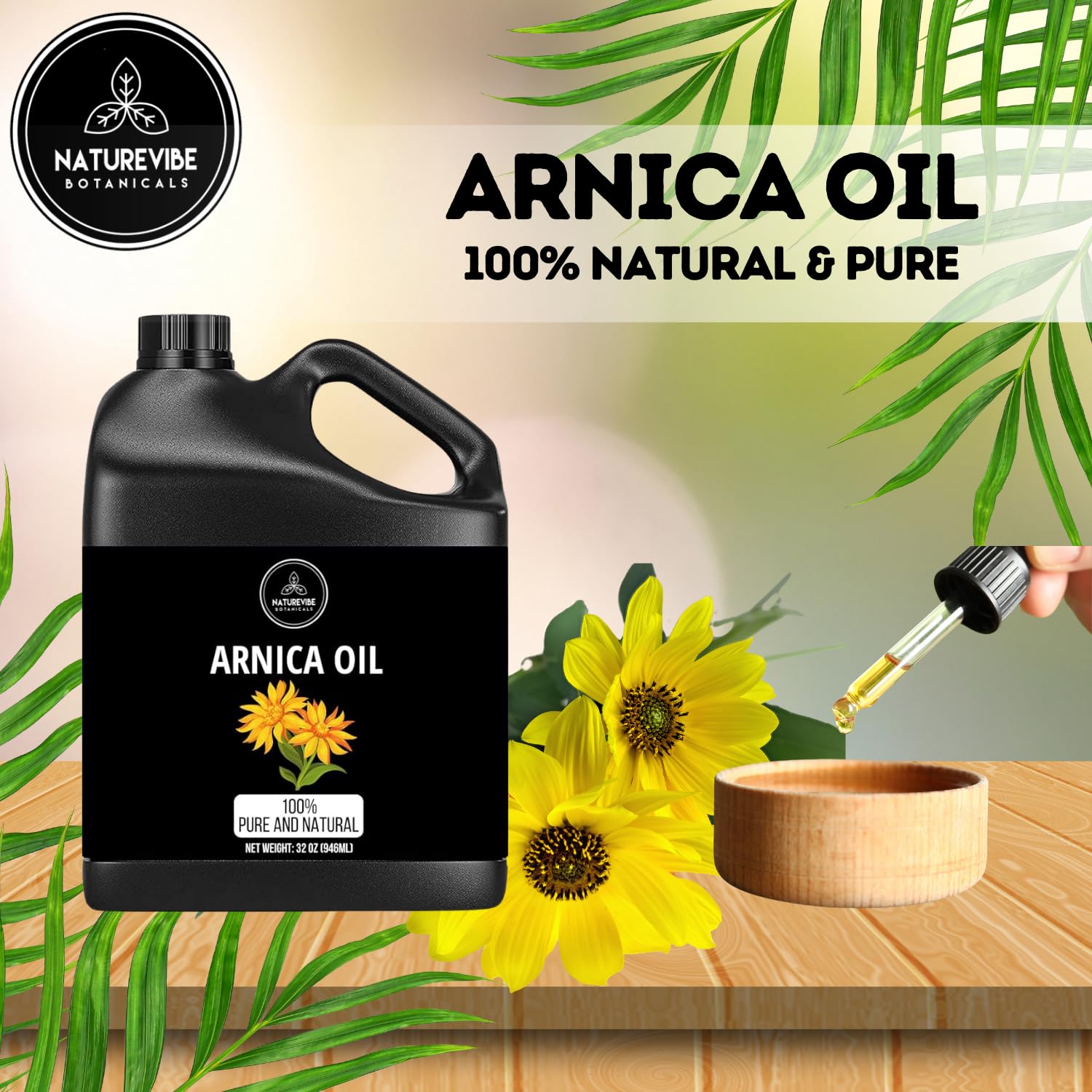 Naturevibe Botanicals Pure Arnica Oil 32 oz, a skin moisturizer with herbal arnica for soothing massage and skin care.