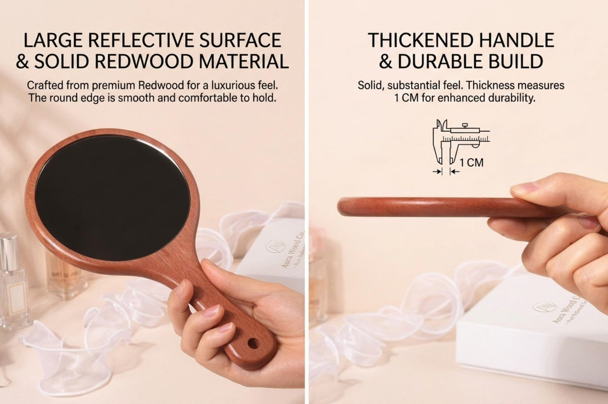 Solid Red Sandwood Handheld Mirror with Handle HD Crystal - URVIP Official Imagery - 7