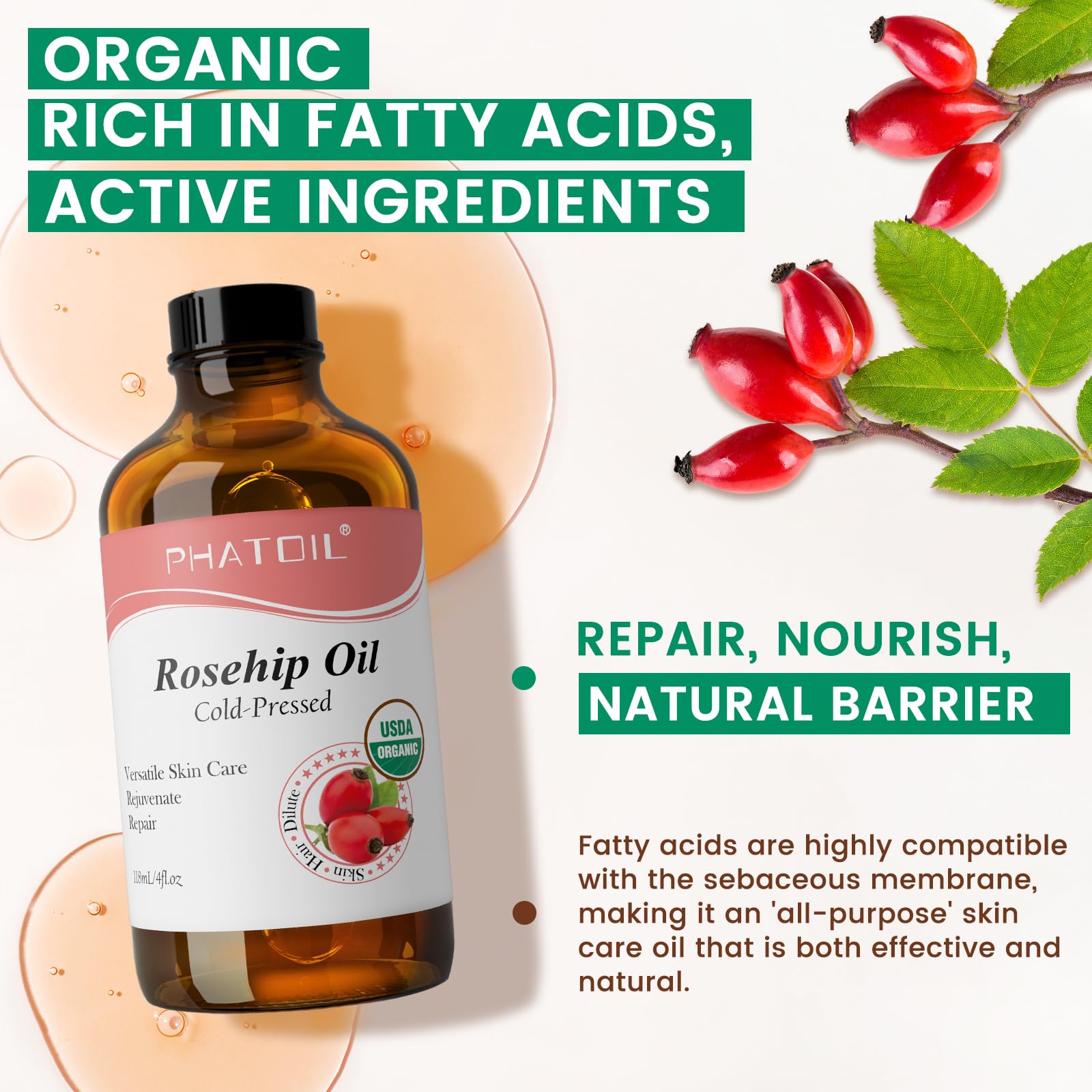 PHATOIL Organic Rosehip Oil for Face - & USDA Certified Organic Pure and Natu - PHATOIL Official Product View 4