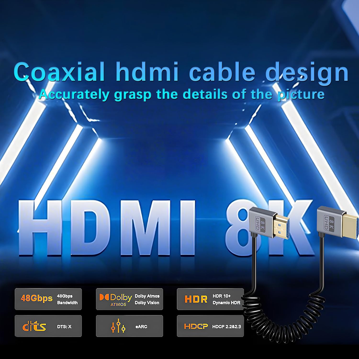 Duttek Coiled Right Angle HDMI cable, 1-1.5ft, 8K@60Hz, 48Gbps, coaxial and thin design, left angle connector