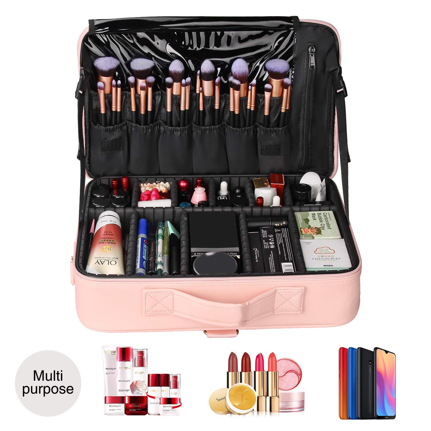 Relavel travel makeup train case with adjustable dividers, compact cosmetic case for organizing beauty products and accessories.