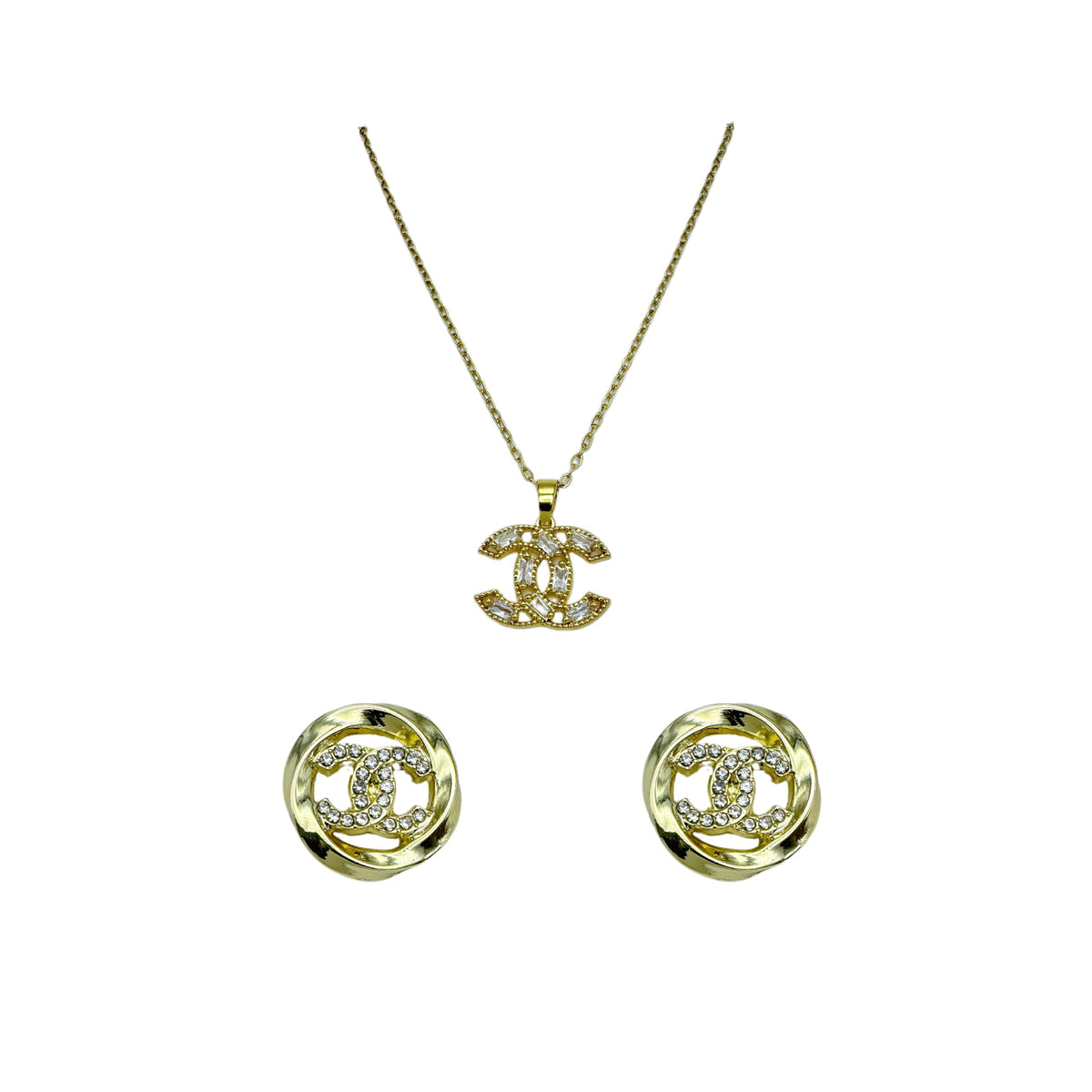 Gold Tone Crystal Logo Necklace and Earrings Jewelry Set - TABACU Official Imagery - 2
