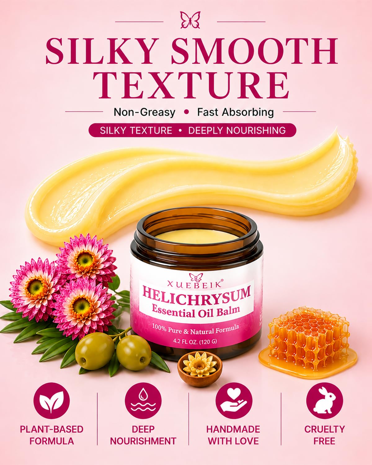 XUEBEIK Helichrysum Balm 120g, natural skin repair salve in a jar, suitable for moisturizing and soothing skin.