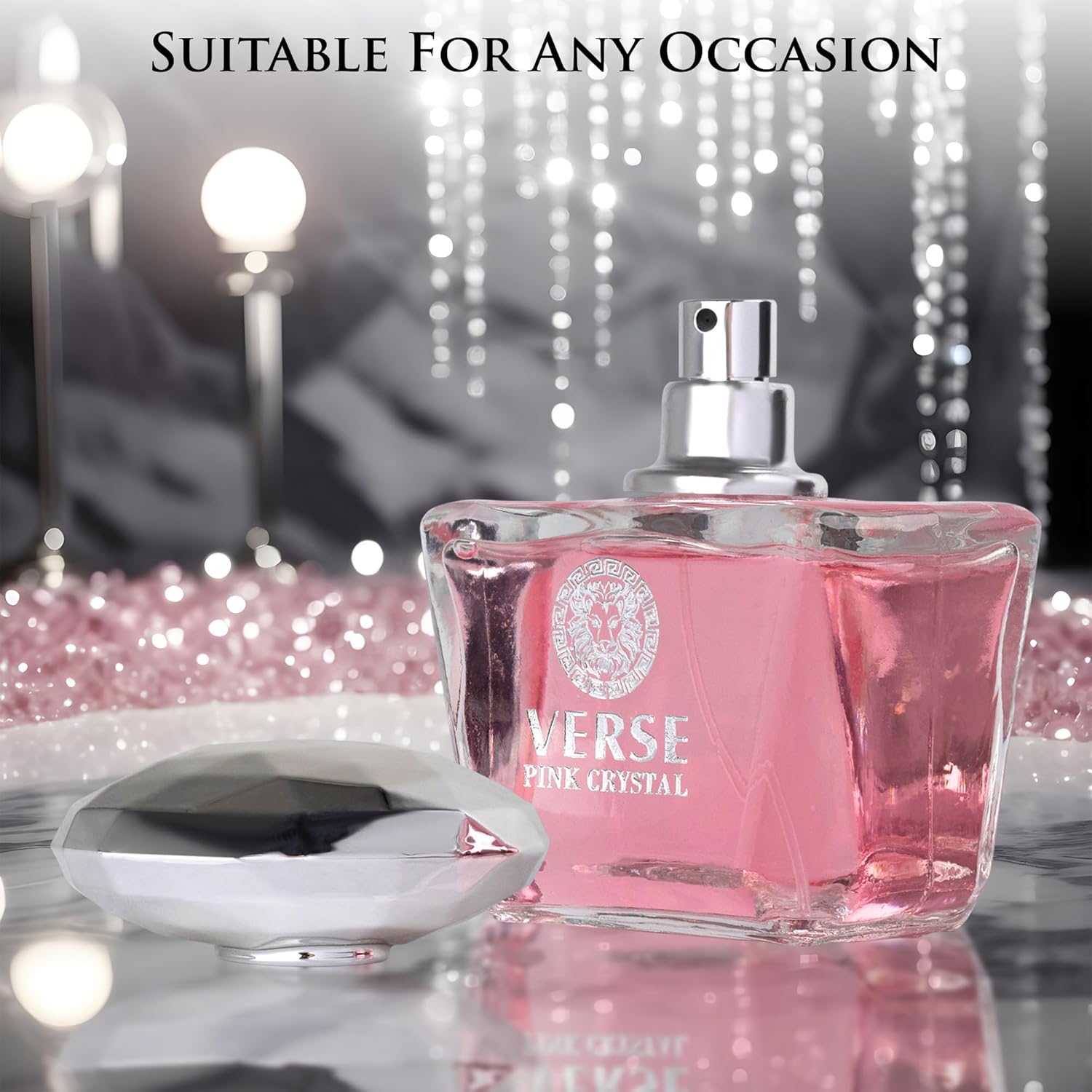 NovoGlow Verse Pink Crystal Eau De Parfum for Women with vibrant pomegranate top notes, elegant glass bottle design.