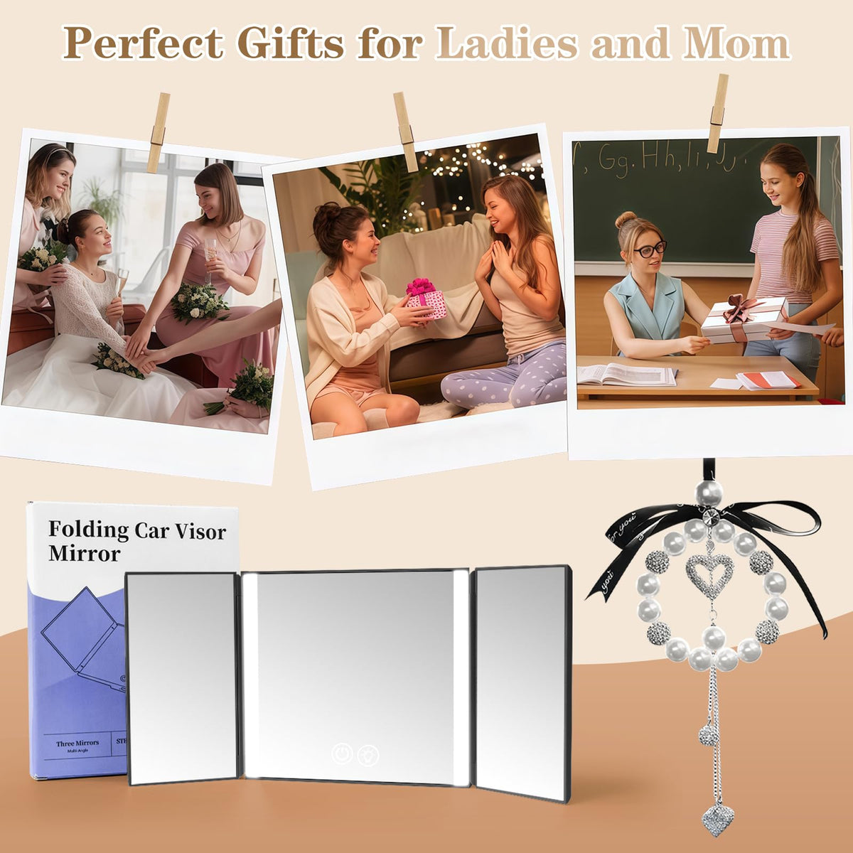 Car Vanity Mirror Sun Visor Mirror with Light with Car Charm - BLOOMINIQUE Official Imagery - 3