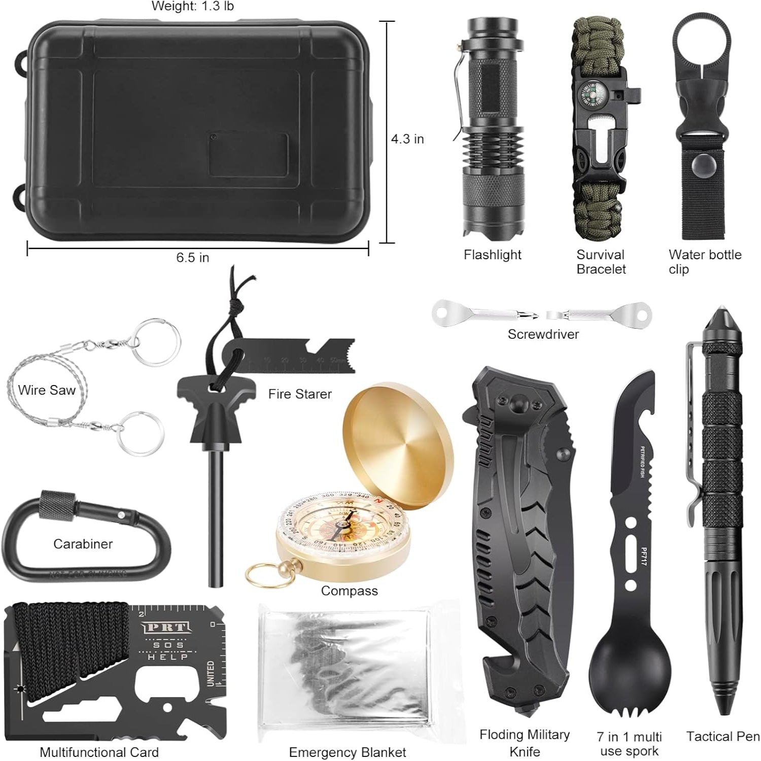 AONELAS 17-in-1 survival kit with emergency gear and cool gadgets, including tools and equipment for outdoor preparedness.