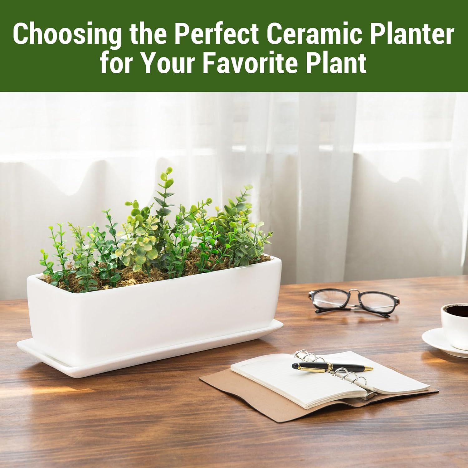Rectangular 14-inch ceramic indoor plant pot with drainage hole by MyGift, suitable for home or office plant display.