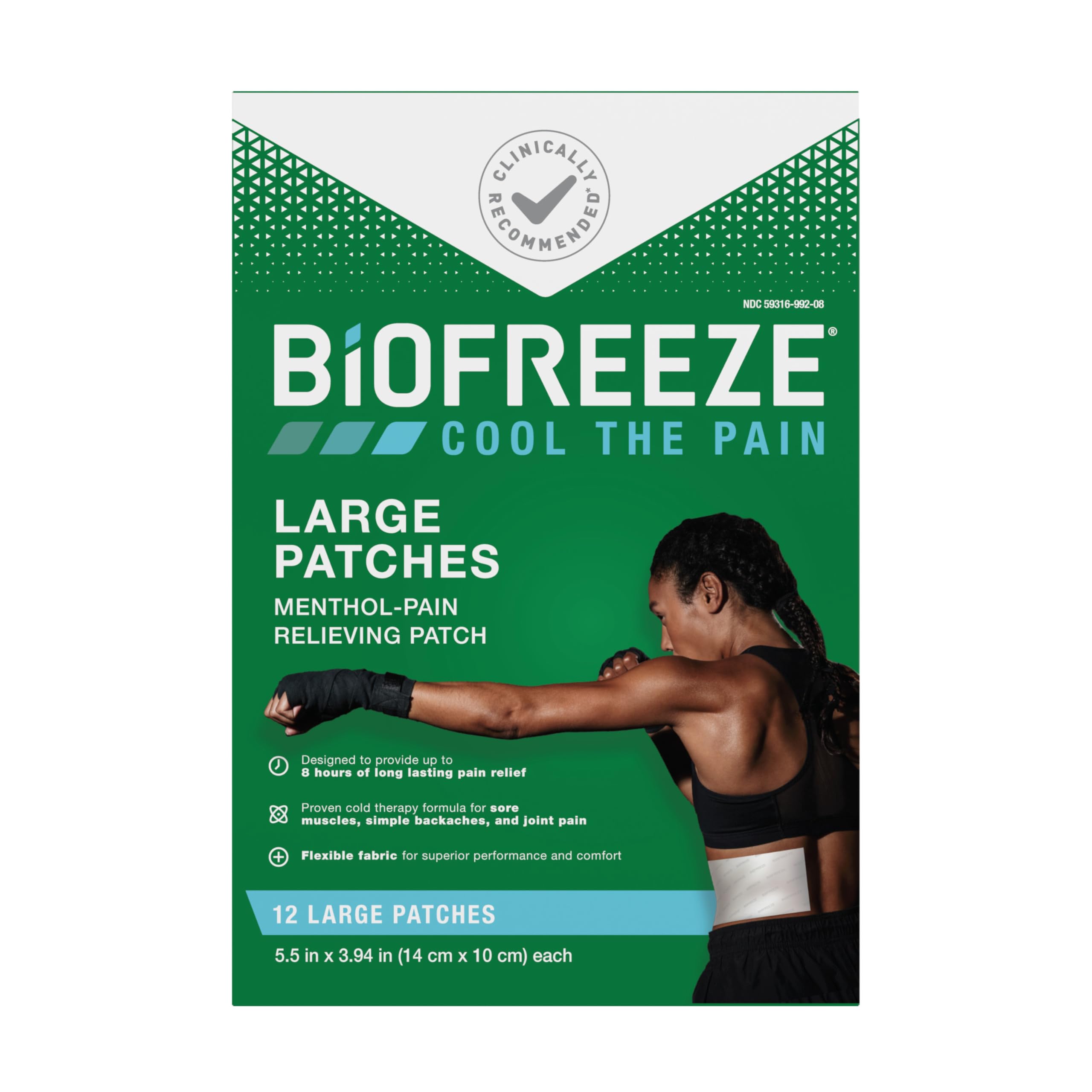 Biofreeze Large Pain Relief Patches, Menthol Pain Patches for Lower Back, Neck, Knee, & Shoulder, Comfortable & Flexible Fabric Stays in Place, 12 ct