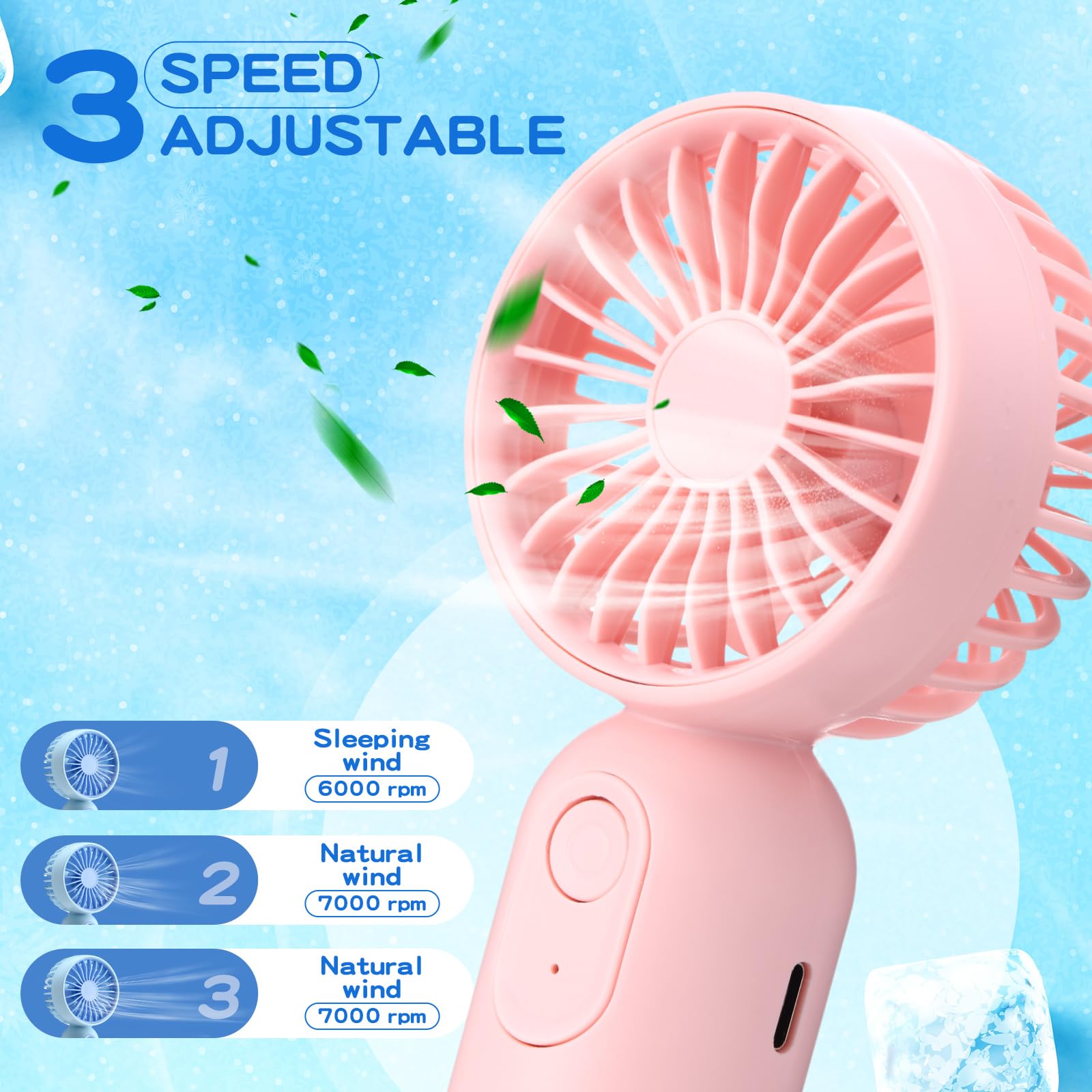 Rossesay 1 Pcs Mini Portable Fan 3 Speed Rechargeable, Pink - View 4