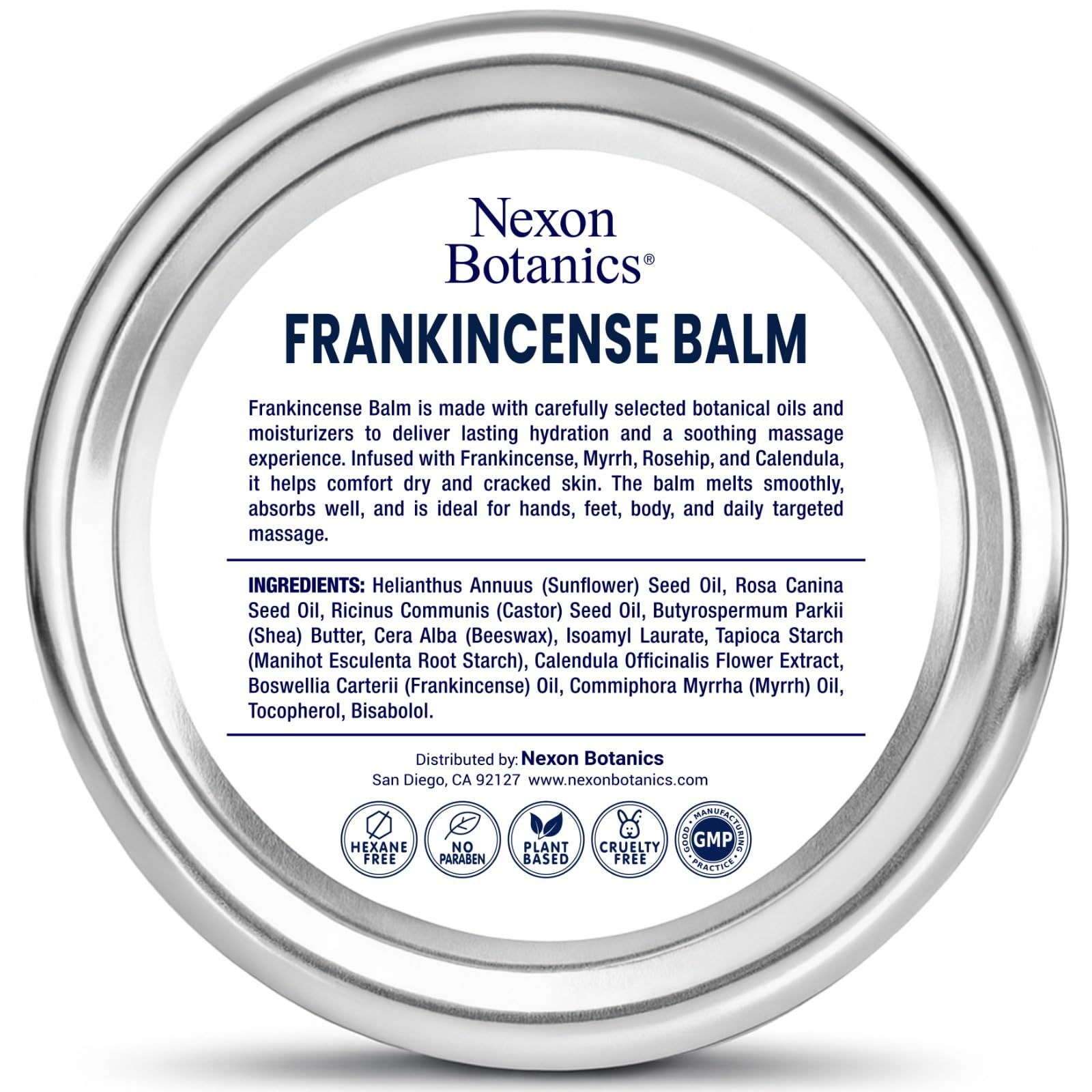 Nexon Botanics Frankincense and Myrrh skin moisturizer balm in a 2 fl oz jar, with natural ingredients and botanical extracts.