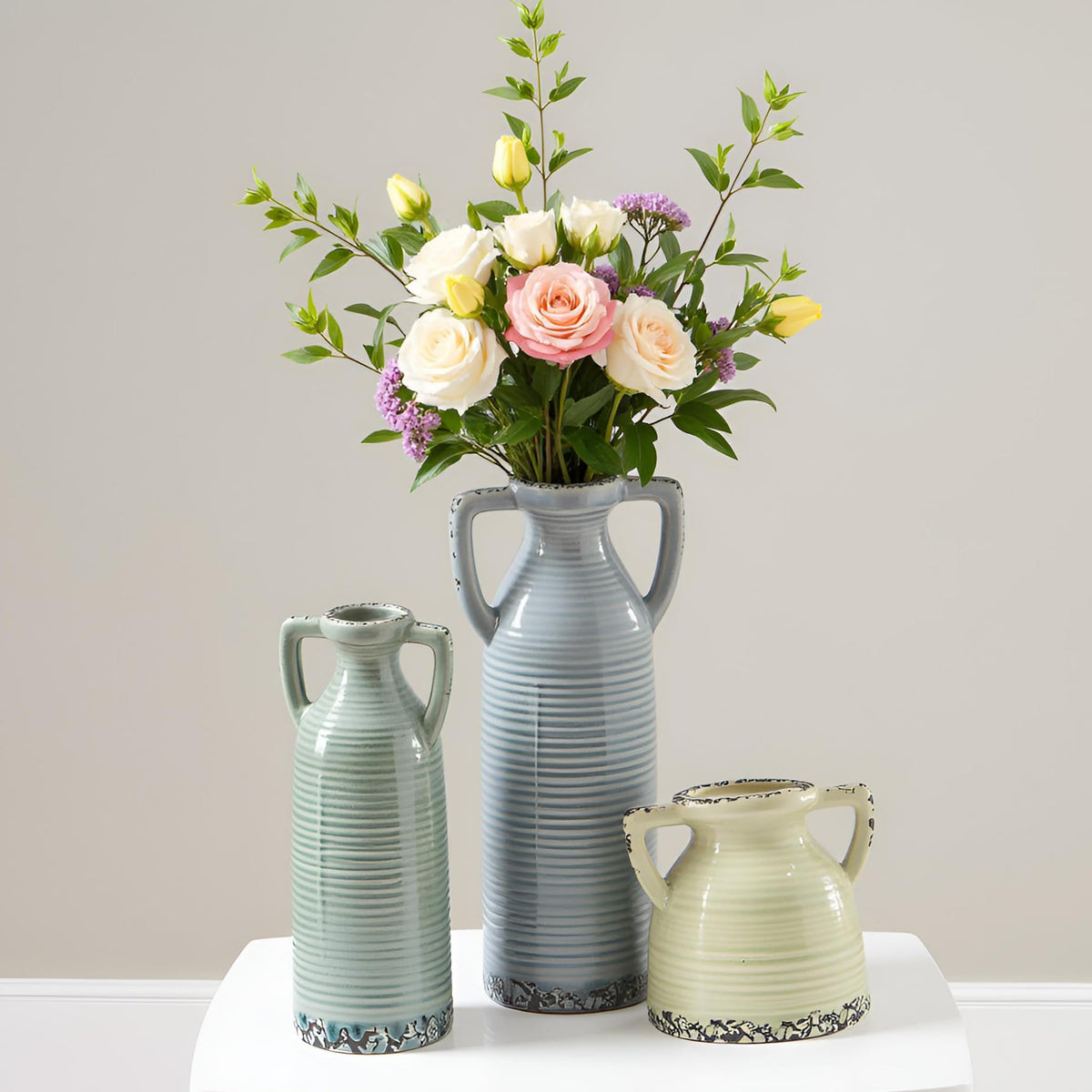 Ceramic Vase Set of 3 Rustic Crackle Farmhouse Vases for - Lyeec Official Imagery - 8