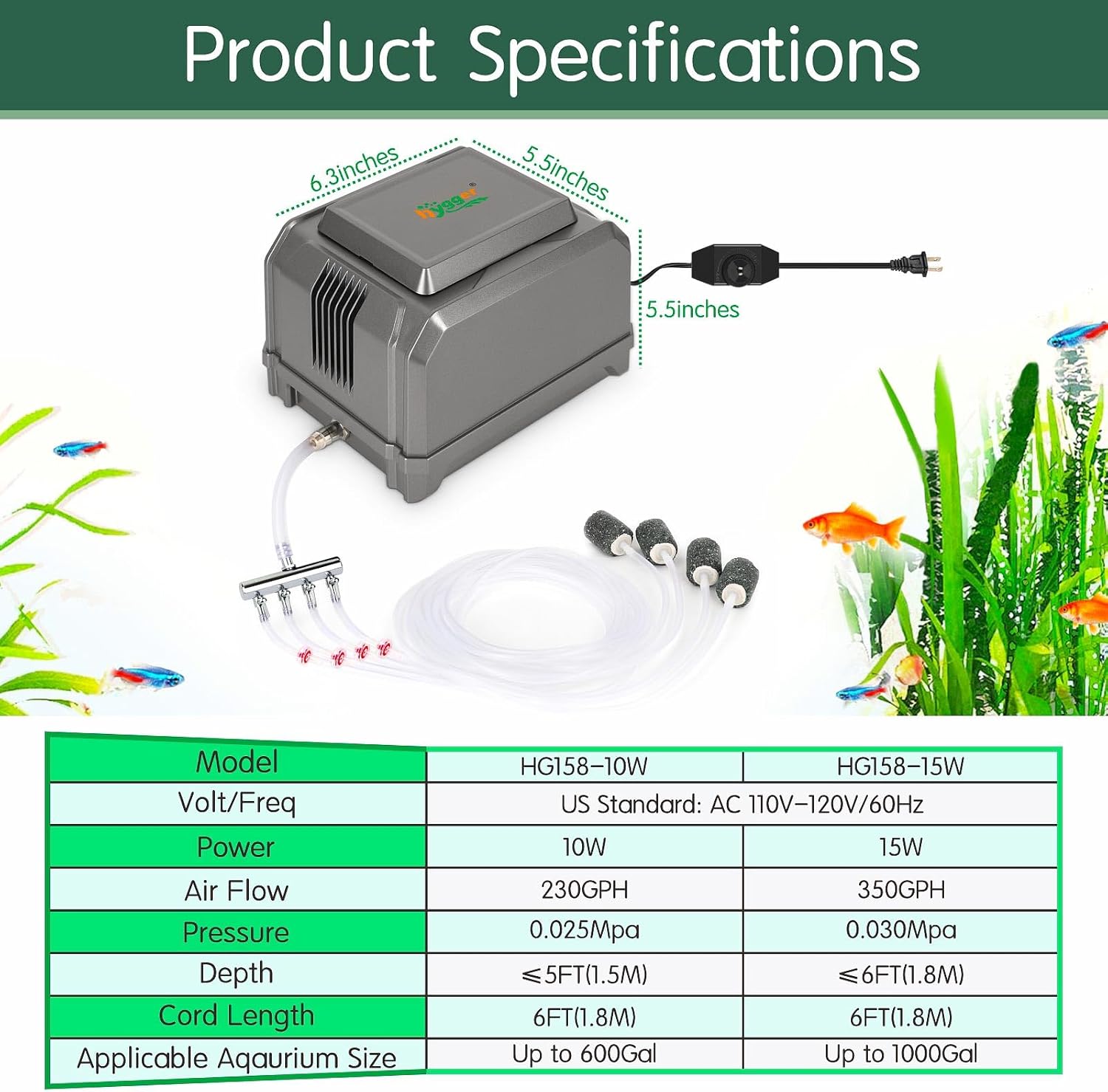 hygger aquarium air pump, 10W, powerful adjustable fish tank aerator with 0.025Mpa/0.03Mpa pressure, compact and reliable for aeration