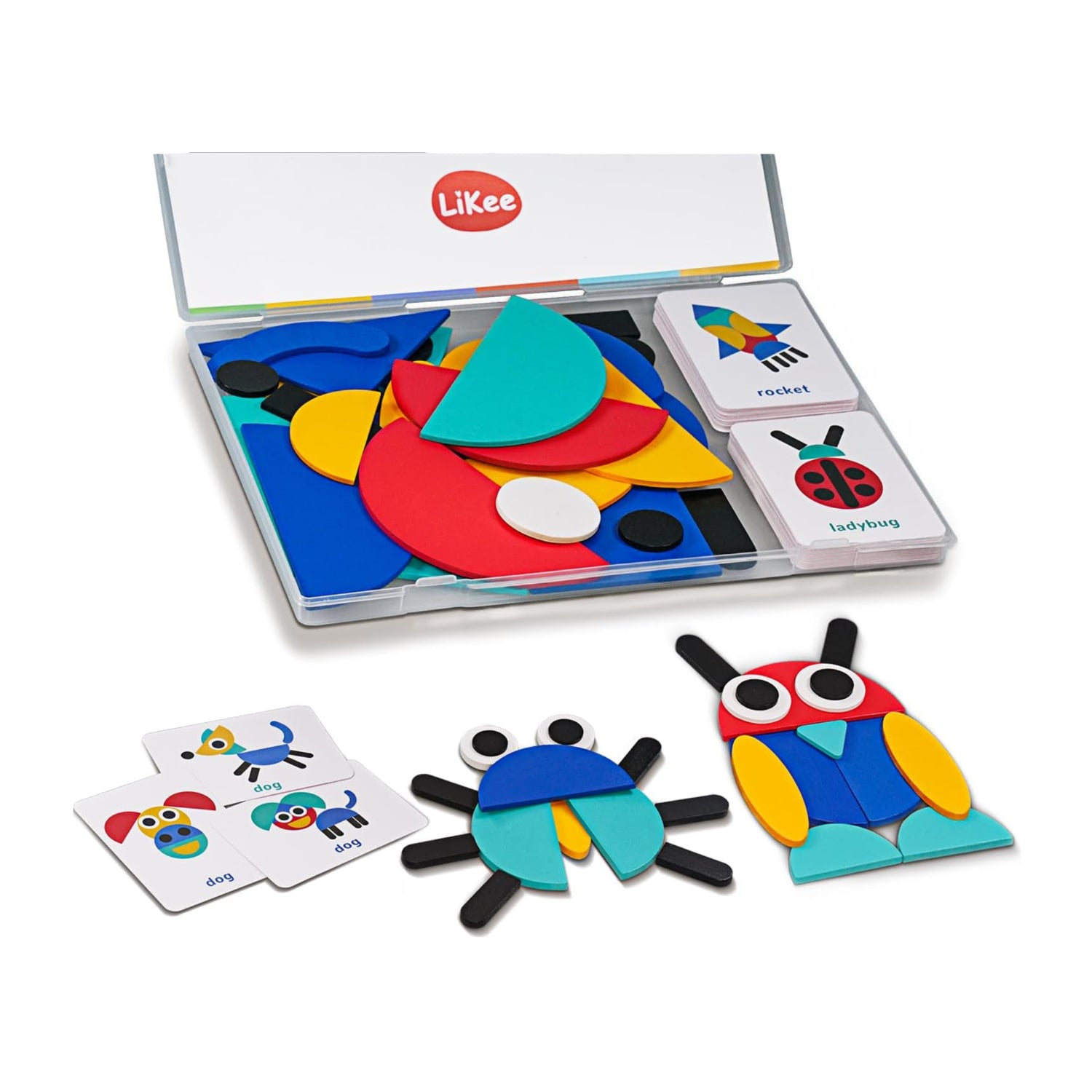 LiKee open-ended wooden shape puzzles with 36 blocks and 60 cards for toddlers, featuring colorful, interlocking wooden pieces.