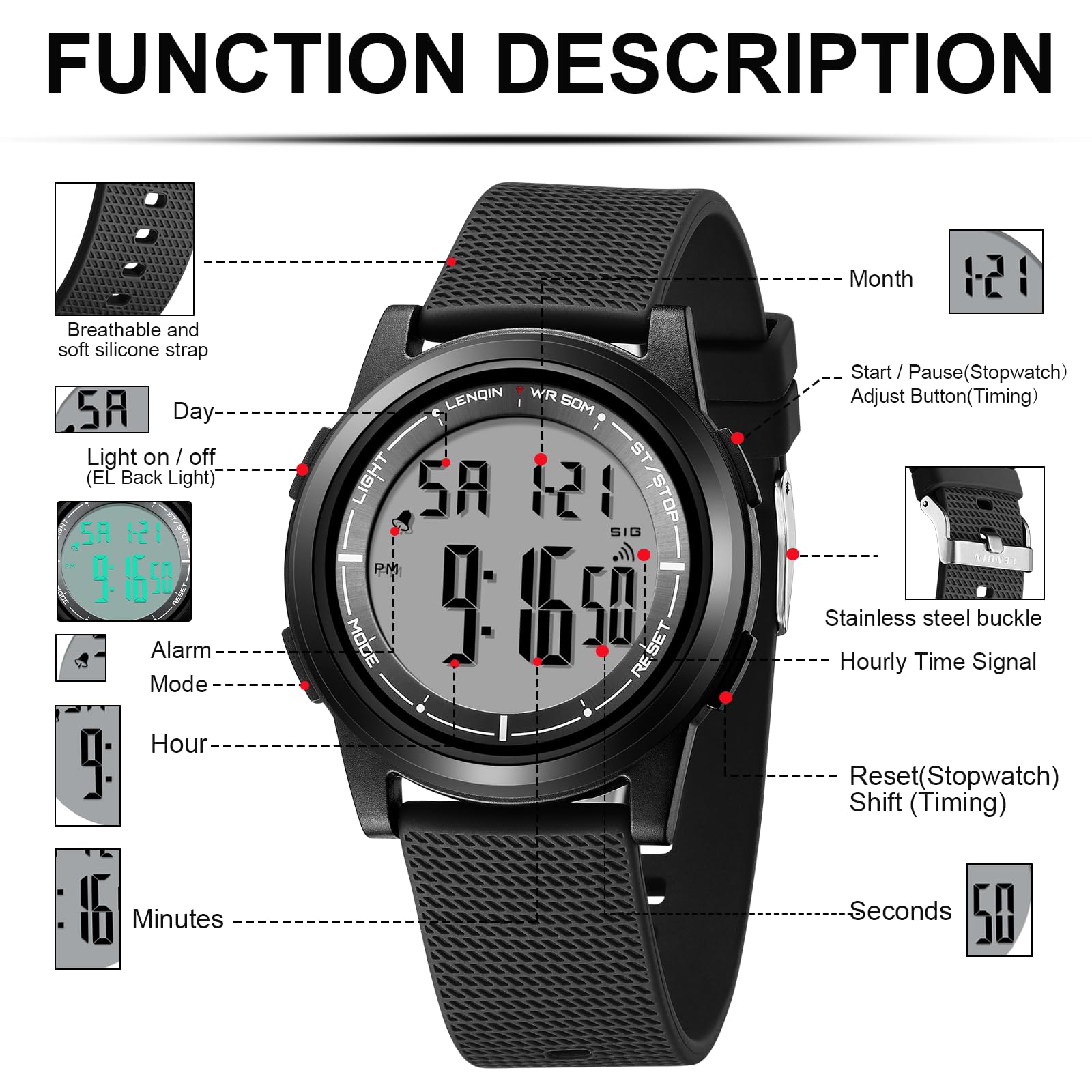 HANPOSH Mens Digital Watch Ultra Thin Sports Waterproof Watches for Me - View 5