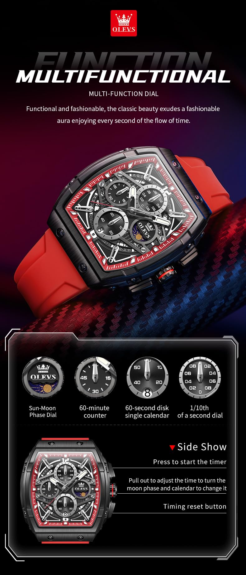 OLEVS Men's Square Chronograph Watch – Red Silicone