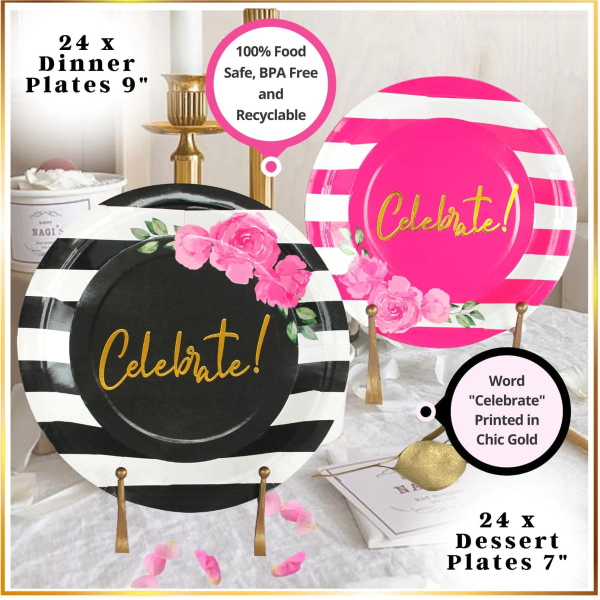 121 Pc Black and Pink Birthday Decorations Tableware Set - RainMeadow Official Imagery - 6