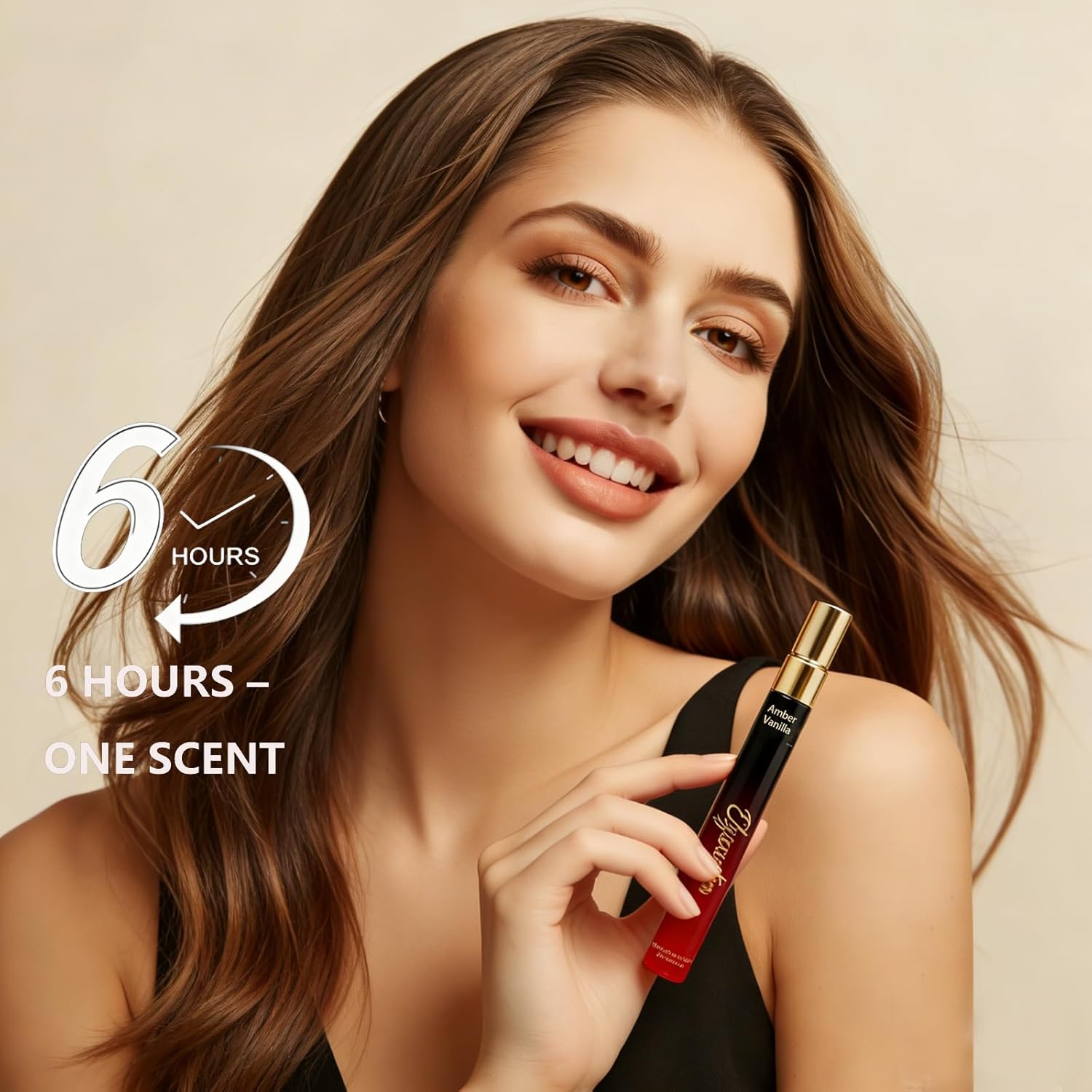 Elyscentra women's pheromone perfume spray with long-lasting amber vanilla fragrance in a sleek glass bottle.