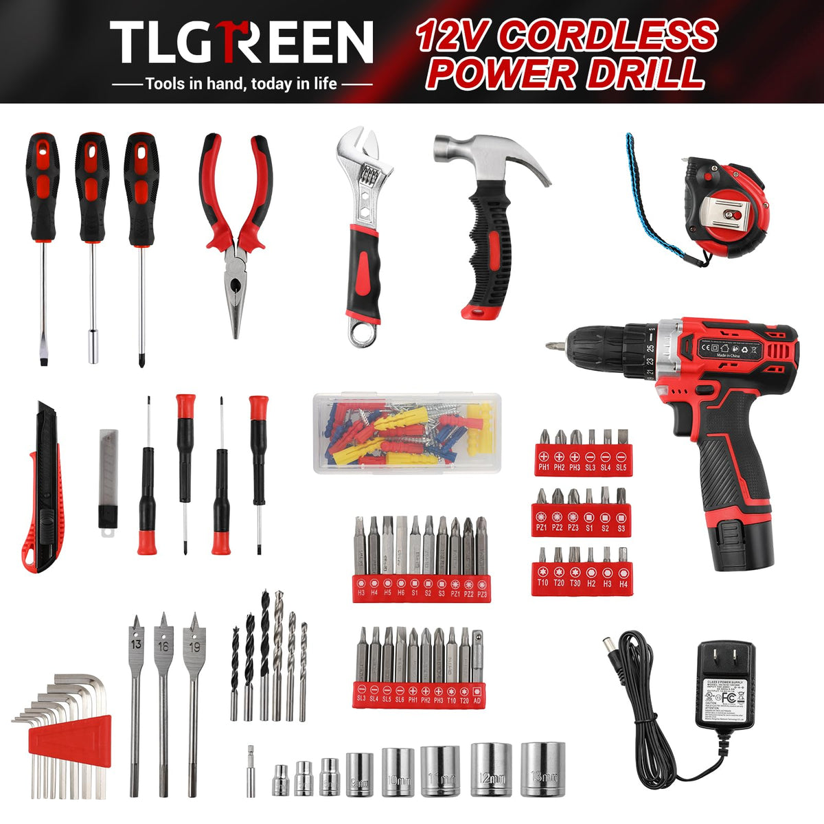 TLGREEN 138 Piece Red Tool Kit 12V Cordless Drill for Home - TLGREEN Official Imagery - 4