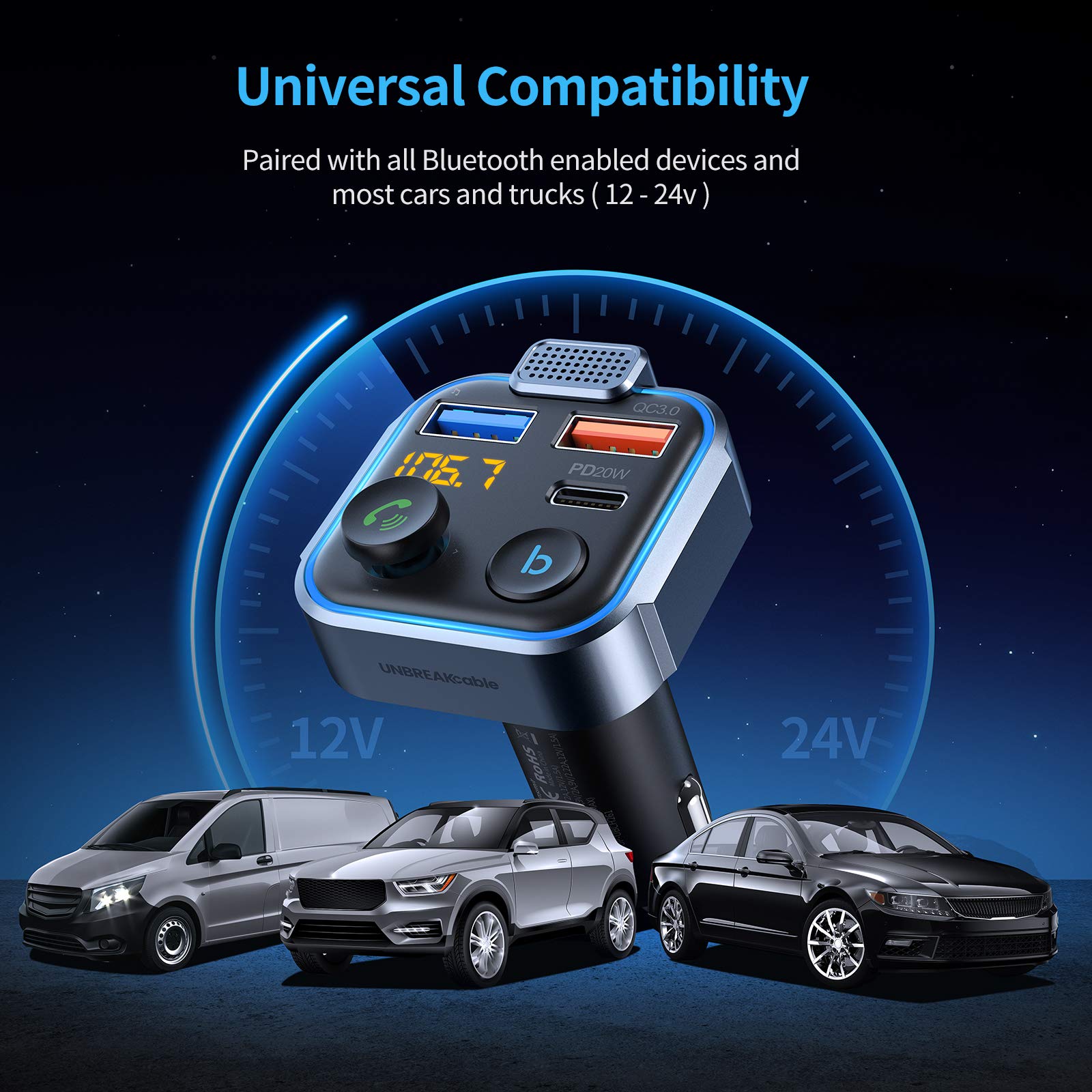 UNBREAKcable Bluetooth 5.3 FM Transmitter for Car Radio Adapter C by UNBREAKcable - Angle View 5