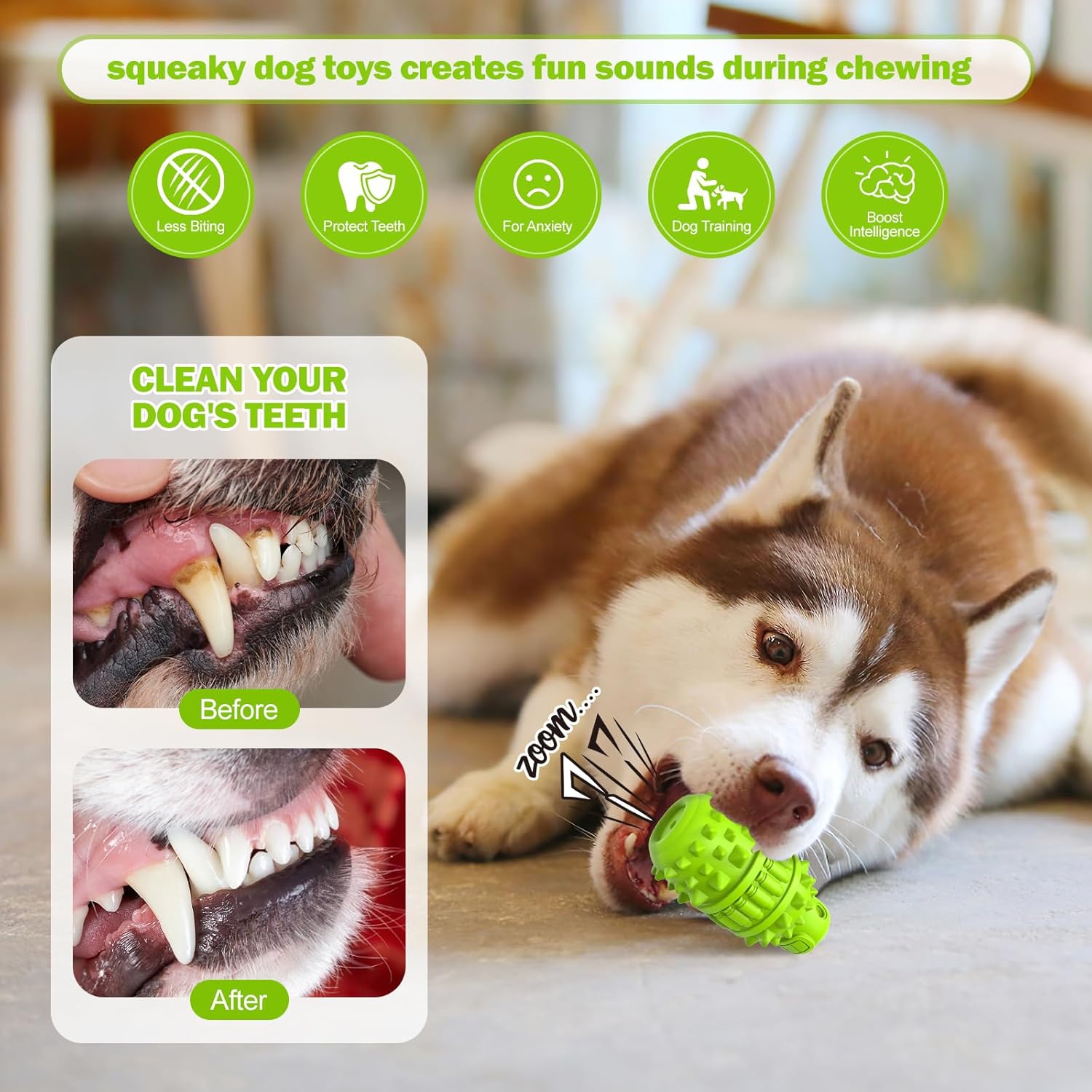 PIFFZEDO dog toy for aggressive chewers, interactive natural rubber chew and squeaky toy for dogs' play and dental health