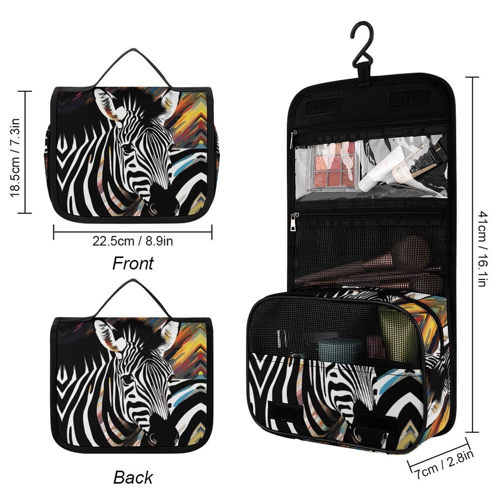 JTREHY Abstract Animal Zebra Hanging Toiletry Bag, Lightweight Durable Polyester Travel Cosmetic Organizer with Hook, Multi-Compartment Wash Bag for Travel Gym Camping Bathroom Storage