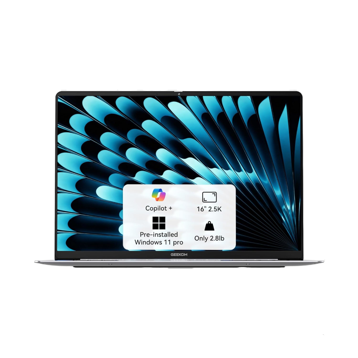 Laptop with a colorful display and text overlay on a white background