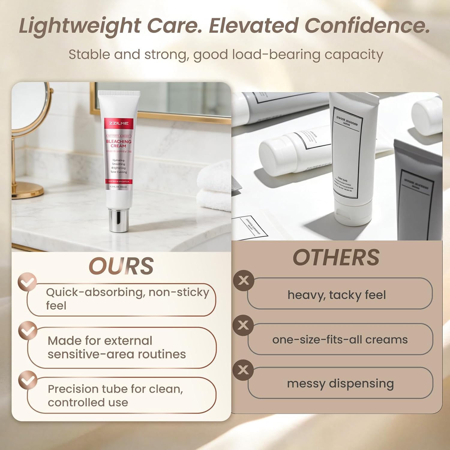 ZZILME Intimate Brightening Body Cream for women, hydrating underarms and bikini area, with a smooth, creamy texture.