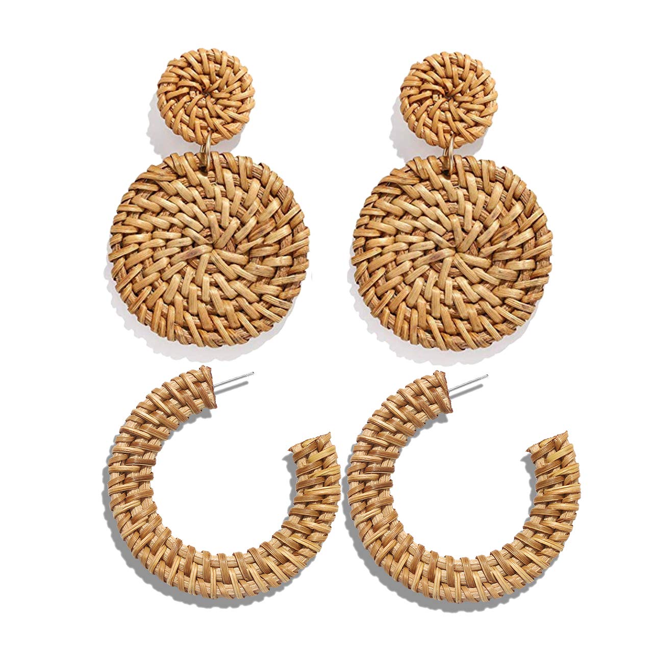 Rattan Statement Hoop Earrings - Woven Dangle Drop Earrings Set - Product Imagery