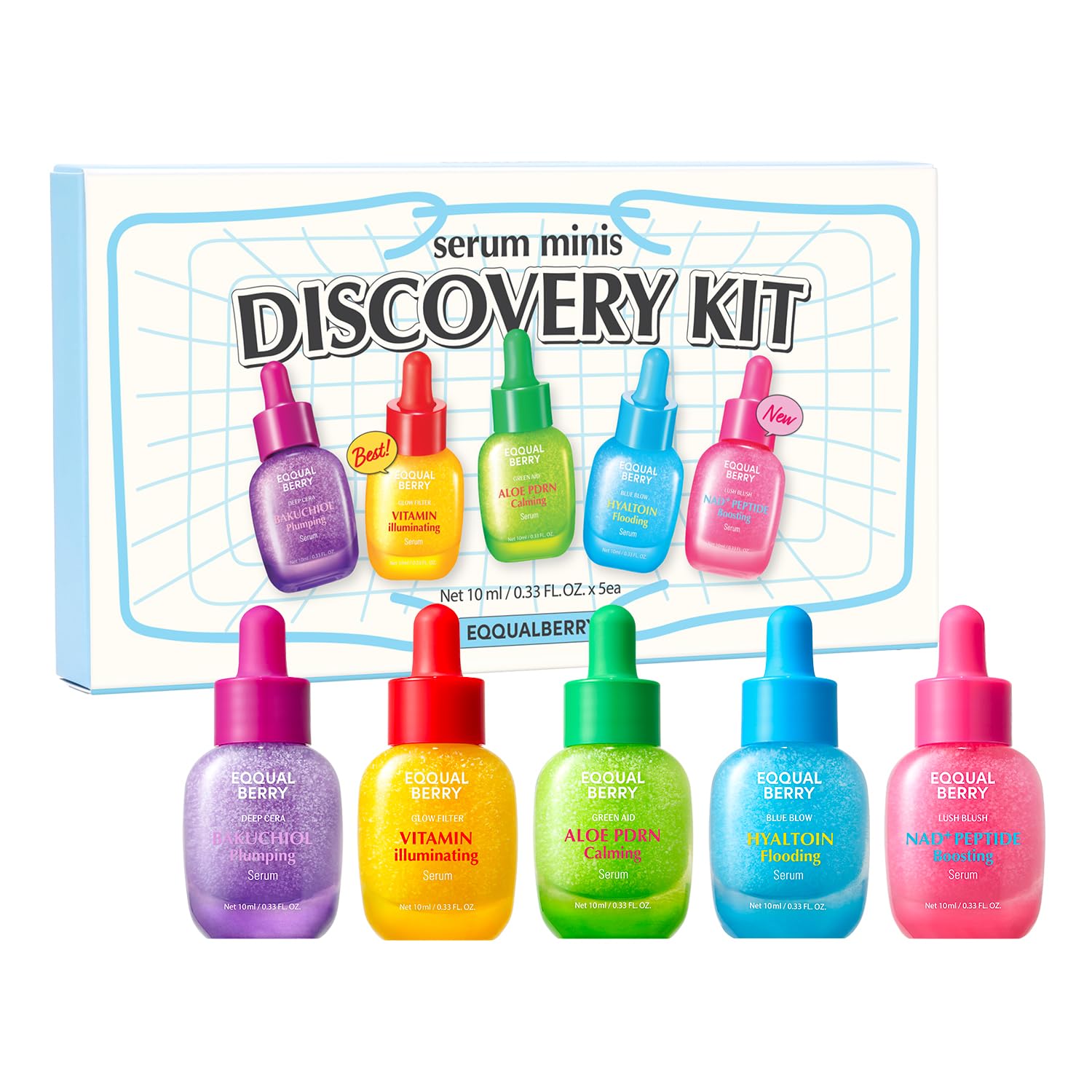EQQUALBERRY Mini Serum Discovery Kit | Vitamin C, NAD, Bakuchiol, Hyaluronic Acid, Aloe PDRN Face Serum Kit | Gifts Sets for Glow skin | Travel Size Essentials | Korean Skin care, 0.33 fl.oz x 5ea - EQQUALBERRY Official Product View 2