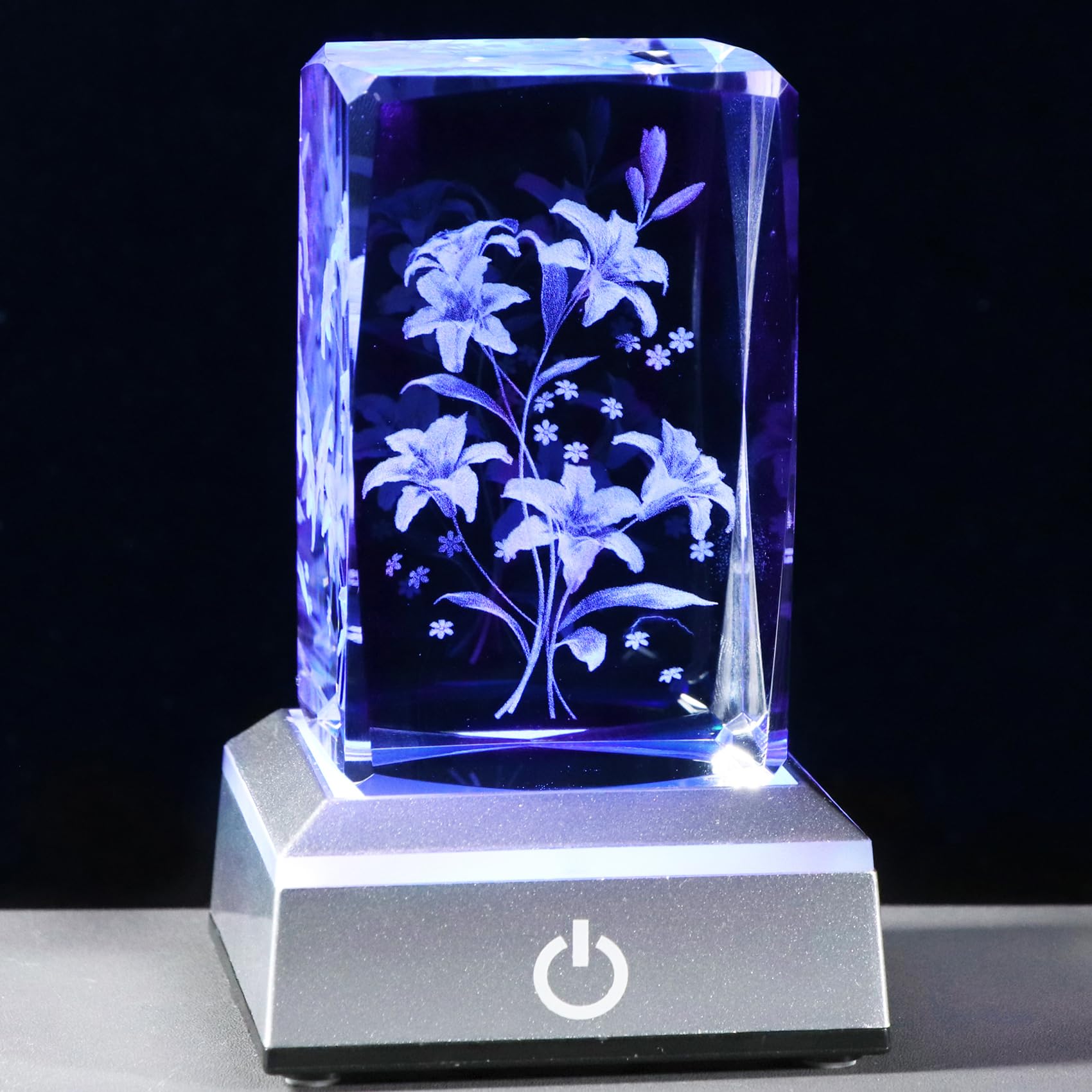 3D Engraving Crystal Cube Lily Flower with Colorful Base, - Product Imagery