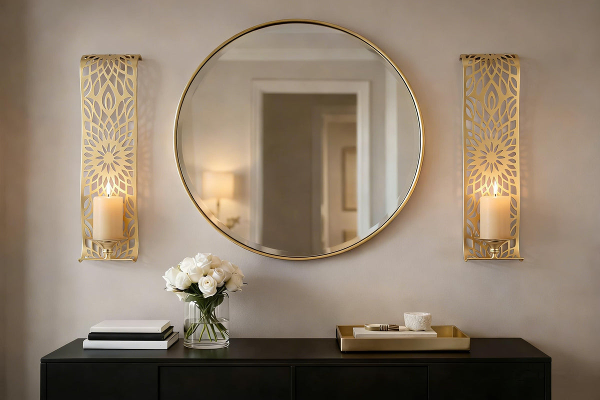 Antique Gold Wall Sconces Set of 2 Rustic Metal Candle - Capesaro Official Imagery - 5