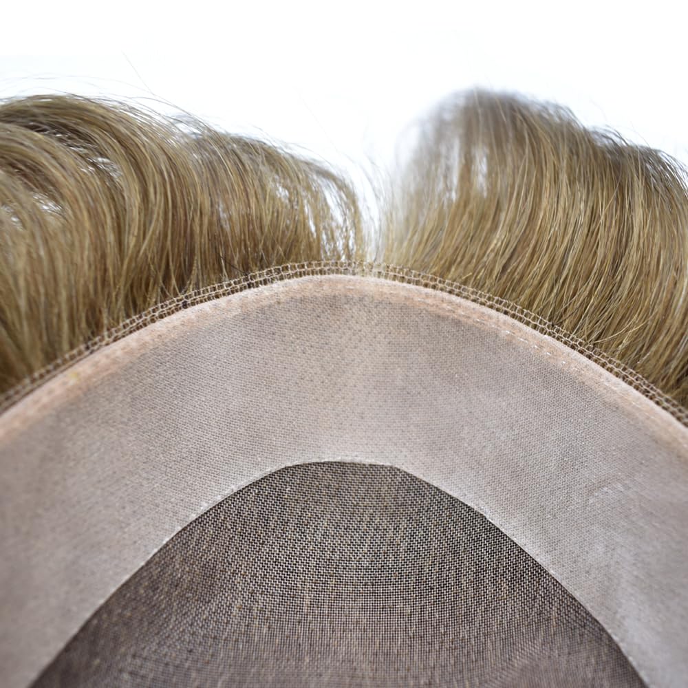 Curve Hair Mens Toupee Human Hair Piece Replacement System Monofilament Wig Hair Unit for Men Durable Poly Coated Mens Hairpiece (#17R Brown/Blonde Mix Warm Tone, 6"X8")