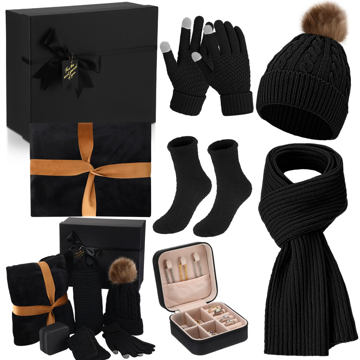 7 Pcs Winter Gift Set for Woman Hat Scarf Gloves Set Throw - Mumucove Official Imagery - 1