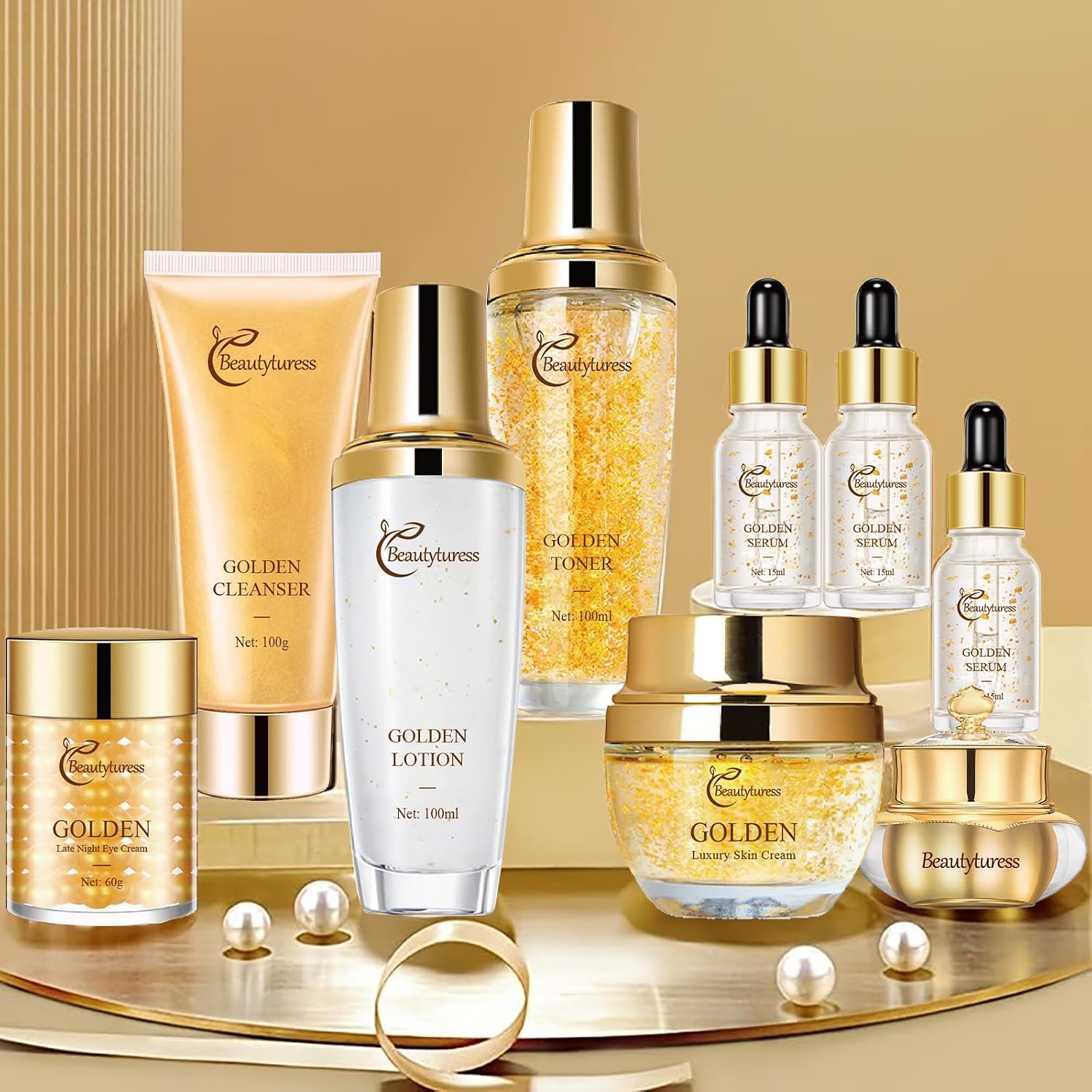 Golden Facial Skin Care Set with Cleanser, Toner, Lotion, Face - Product Imagery