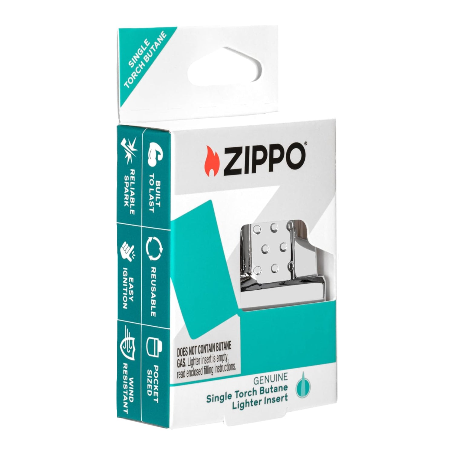 Zippo single torch butane lighter insert with metal housing and adjustable flame, designed for use with Zippo lighters.