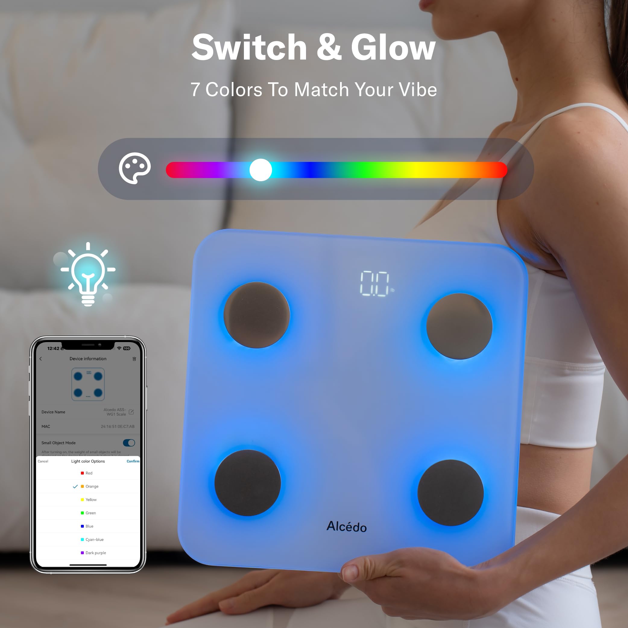 Alcedo Smart Body Fat Scale, Color-Changing Scale, Bluetooth, Whi - Alcedo Official Product View 4
