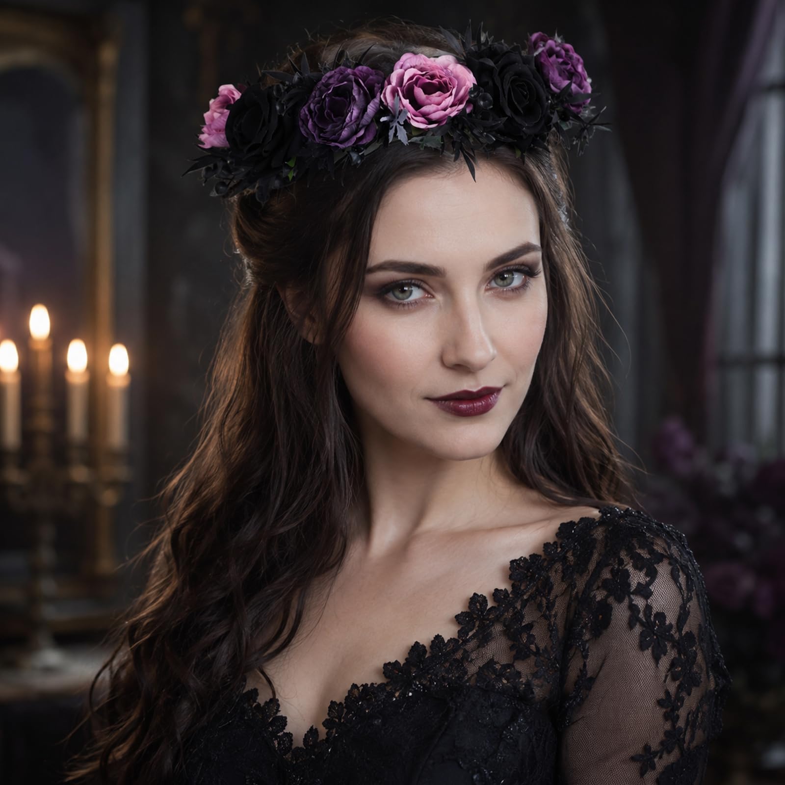 Black and purple gothic flower crown hairband with dark romantic roses and floral accents, perfect for gothic or alternative fashion.