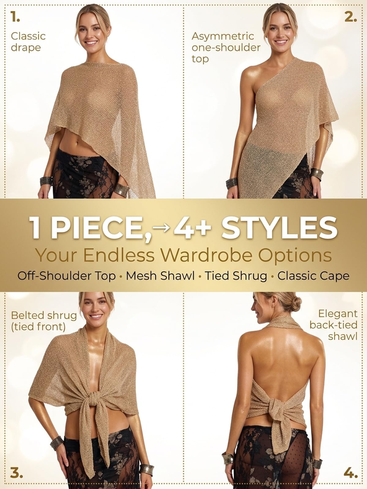 Women Sheer Poncho Top with Sparkling Gold Thread Mesh Cover - Kysryye Official Imagery - 5