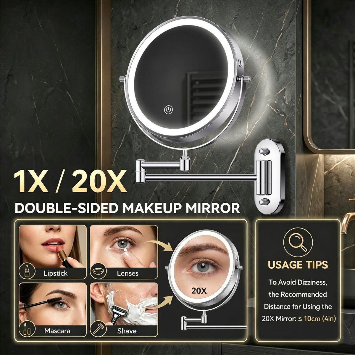 Auxmir 1X 20X Wall Mounted Makeup Mirror 8 Rechargeable - Auxmir Official Imagery - 4