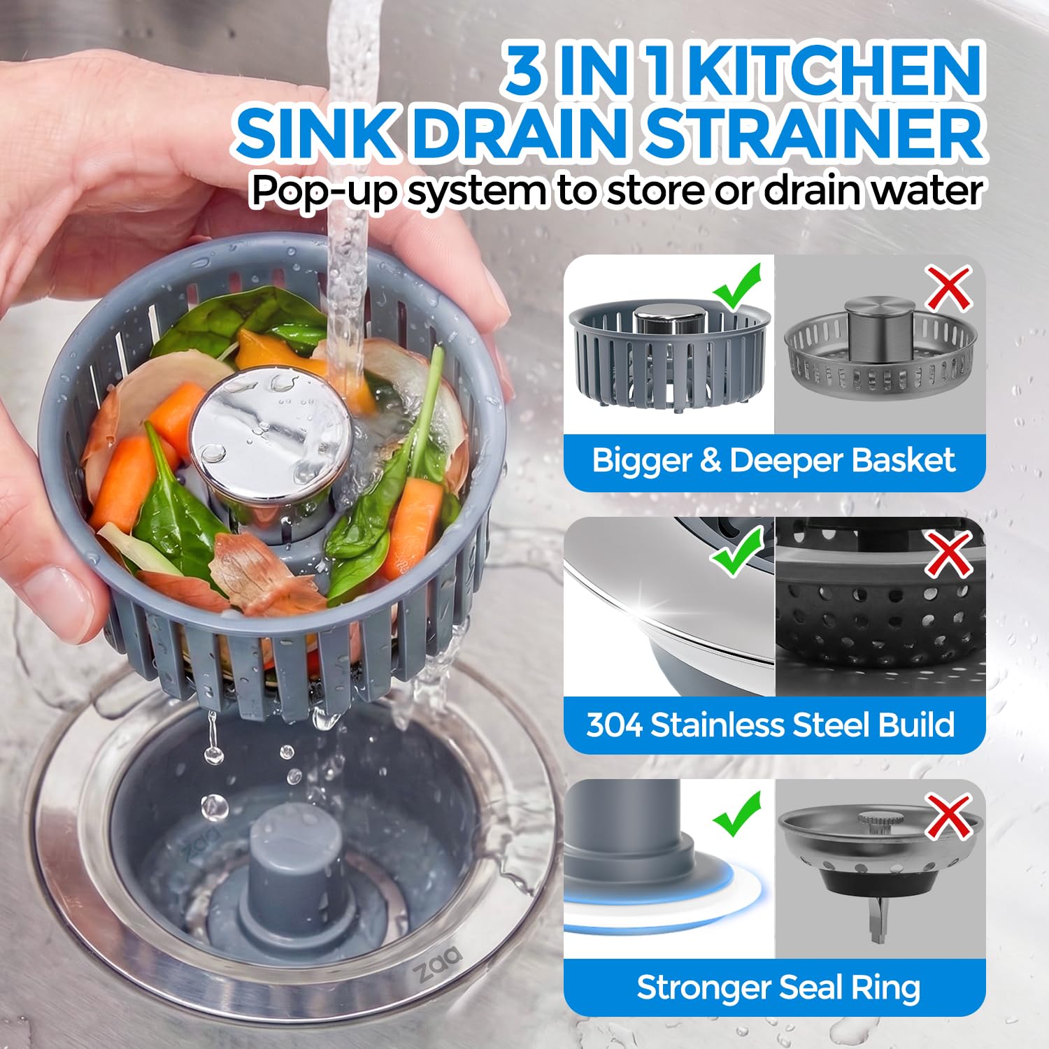zaa 3 in 1 Kitchen Sink Drain Strainer Stopper Removable Basket P by zaa - Angle View 2