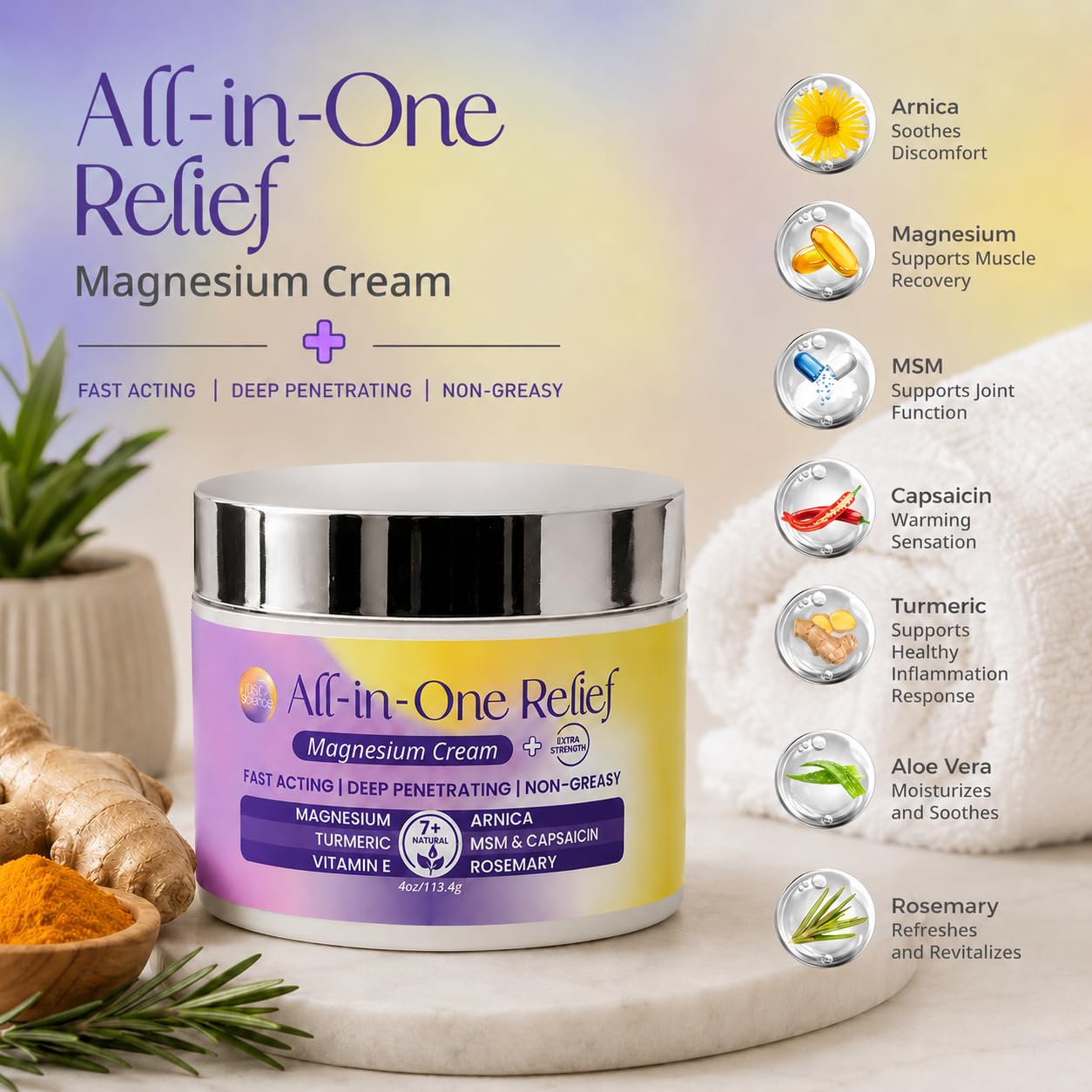 Purple Canyon Magnesium Cream with menthol, MSM, and arnica for soothing muscle relief and skin comfort.