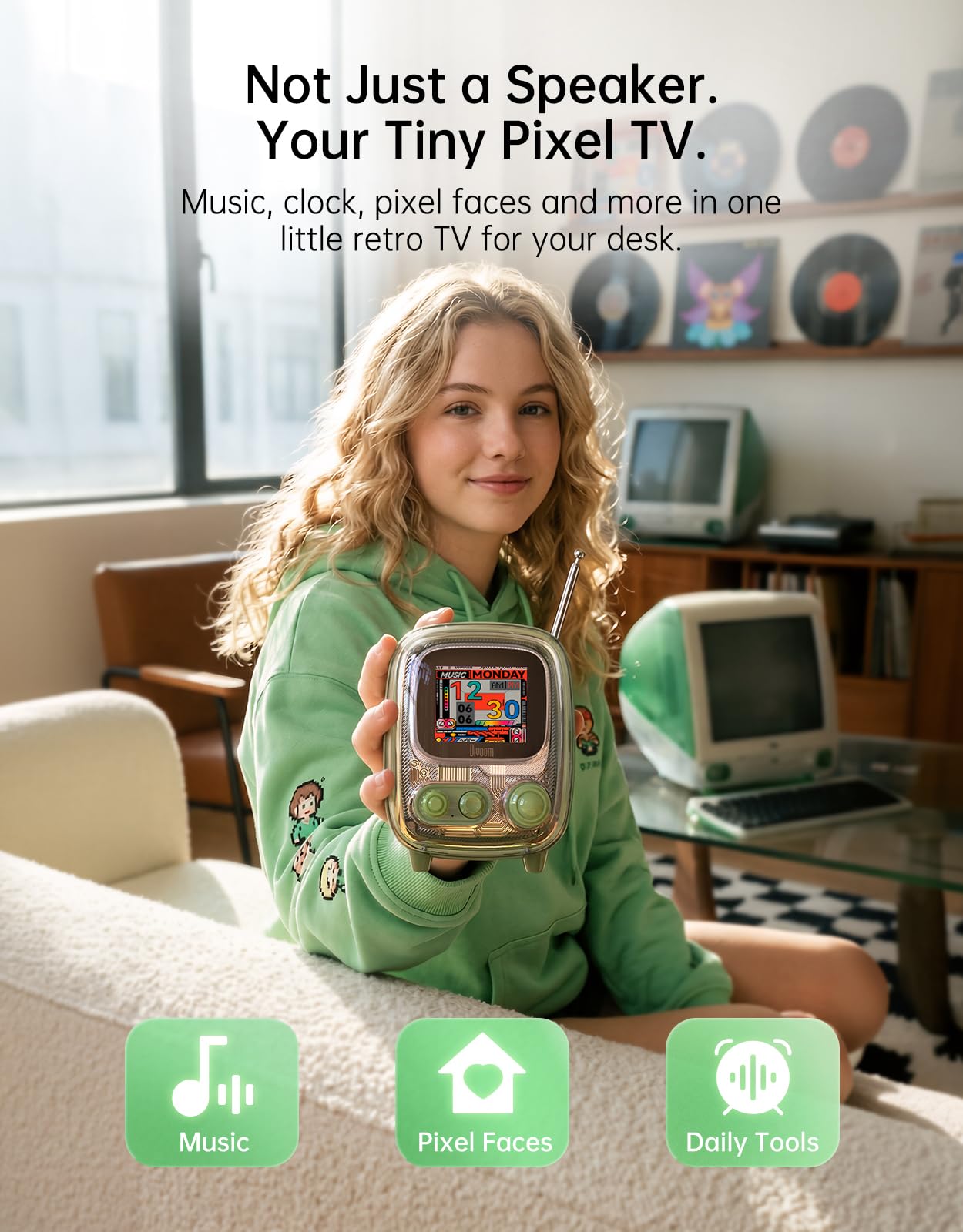 Divoom Tiivoo-2 Retro Bluetooth Speaker, FM Radio, Pixel Art Display, Green - Divoom Official Product View 6