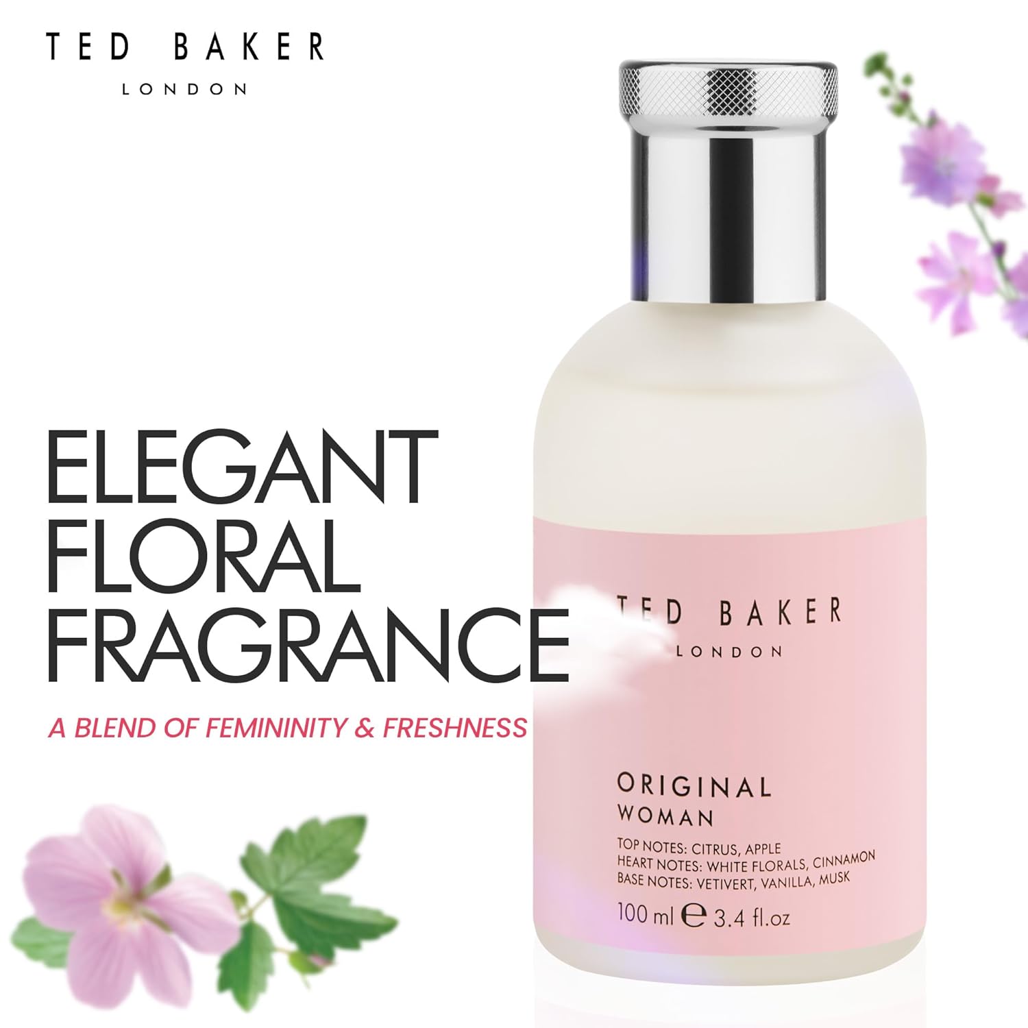 Ted Baker pink floral and fruity eau de toilette for women with peach and bergamot, elegant perfume bottle.