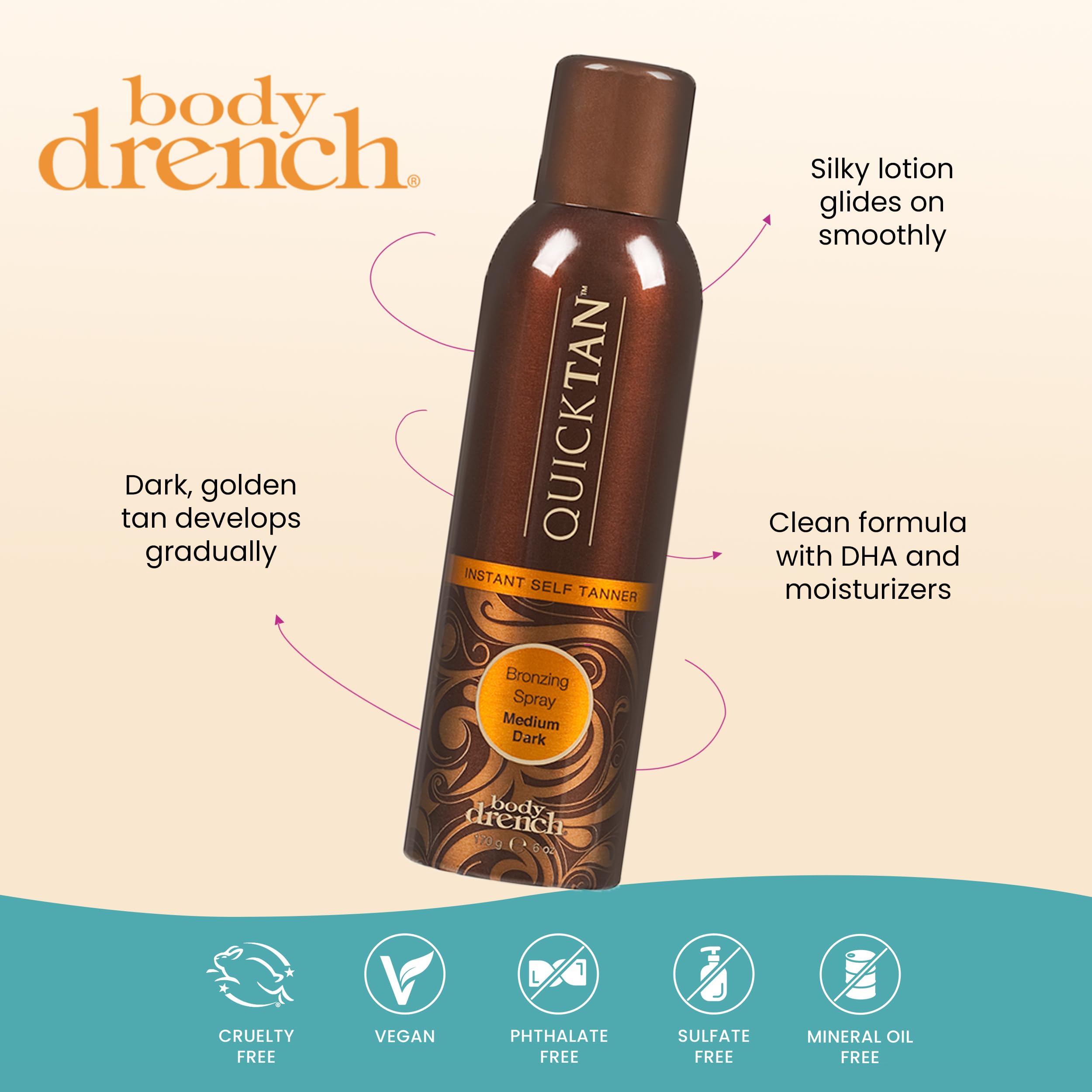 Body Drench QuickTan Instant Self Tanner Bronzing Spray, Salon-Quality Medium/Dark Tan, Streak-Free, Tinted Formula, 6 oz, 1-pack - Body Drench Official Product View 5