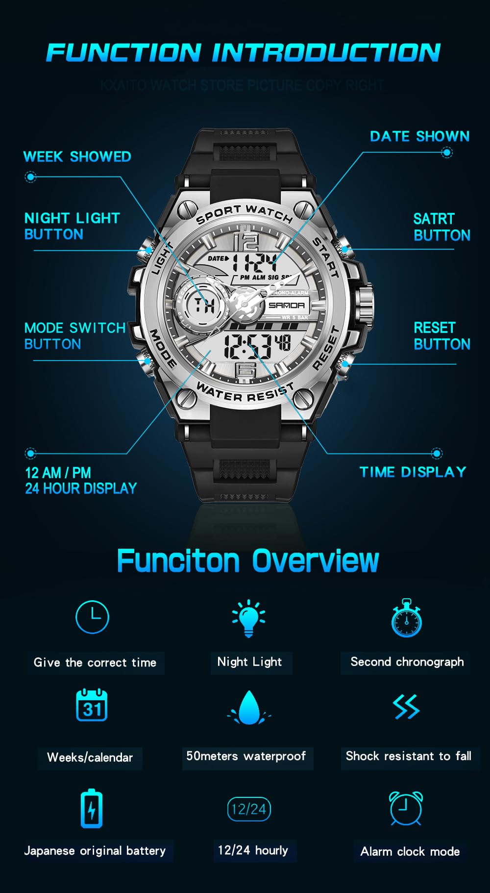 KXAITO Men's Military Sports Watch – LED, Dual Time, Silver